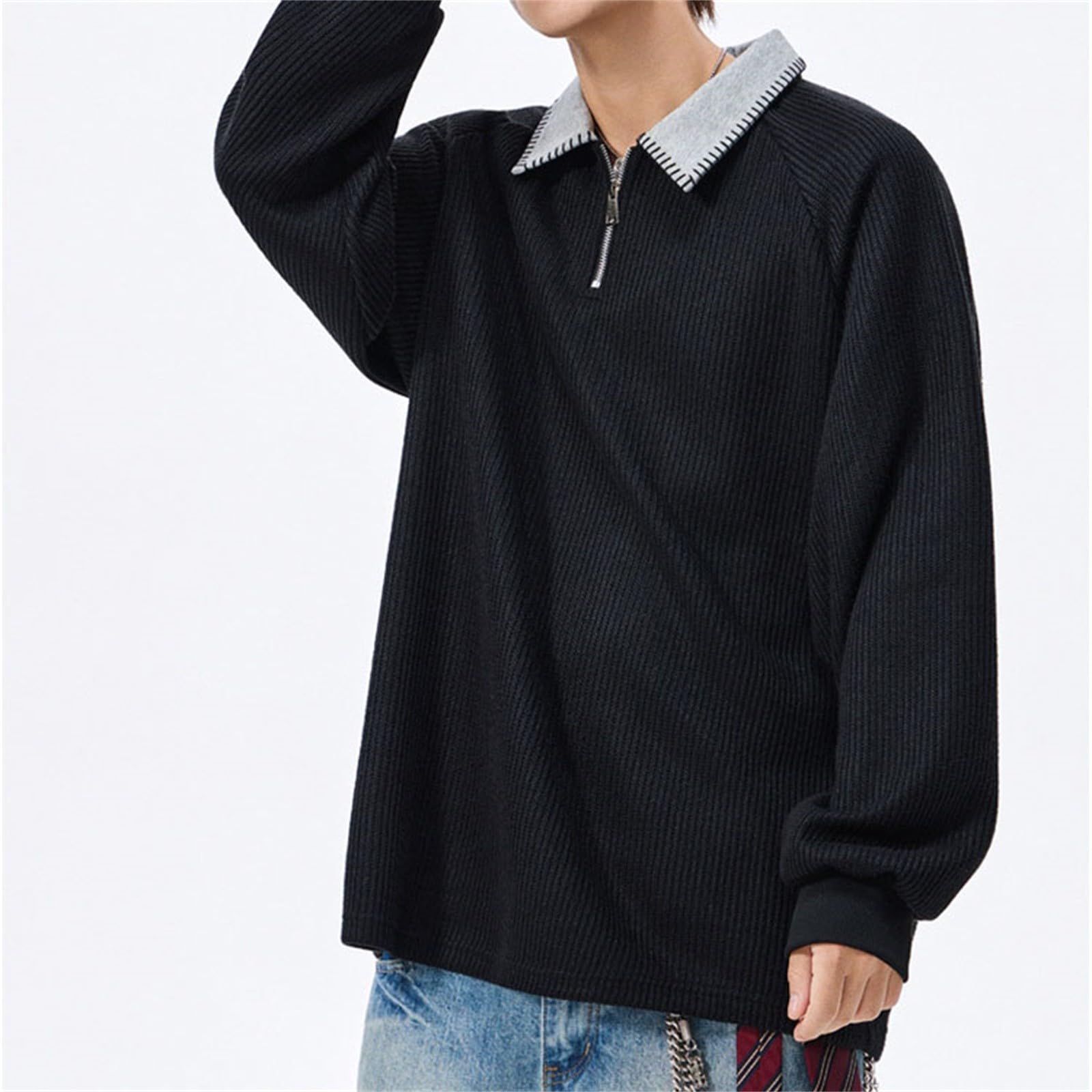 DENGJIAMY Polo grande taille avec fermeture éclair 1/4 pour homme