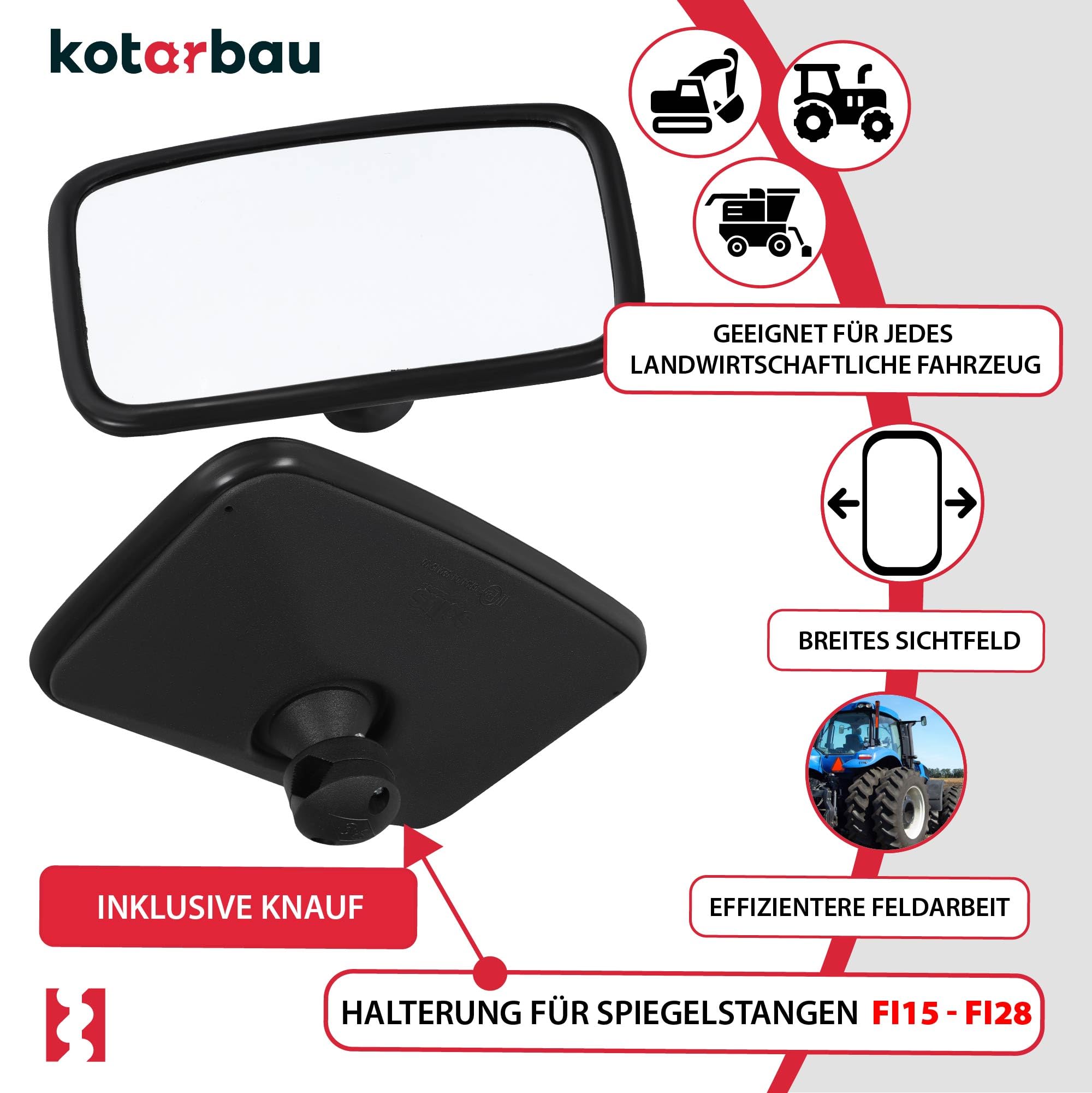KOTARBAU® Traktor-Universalspiegel 25x16,5cm PVC mit Spiegelarm Rückspiegel LKW Außenspiegelarm Rückfahrspiegel mit Halterung Spiegelstange Landwirtschaft Spiegelhalterung Landmaschinenspiegel