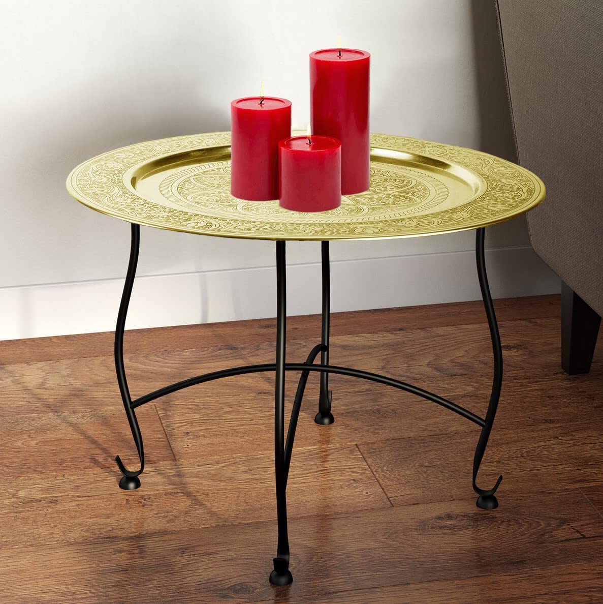 Moroccan Handmade Engraved Naqqashi Chitai Design Tray Top Metal Side Table (Brass Gold, Black)