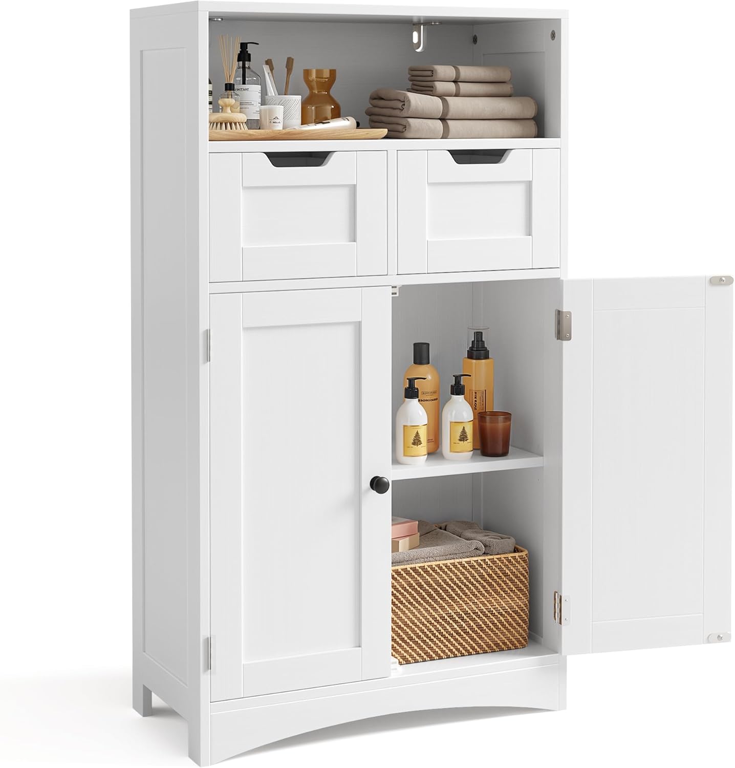 Bealife Mueble de Baño, Armario de Piso, Armario de Almacenamiento con 2 Puertas, 2 Cajones, Estante Ajustable, para Baño, Pasillo, 60 x 30 x 108 cm (Blanco)