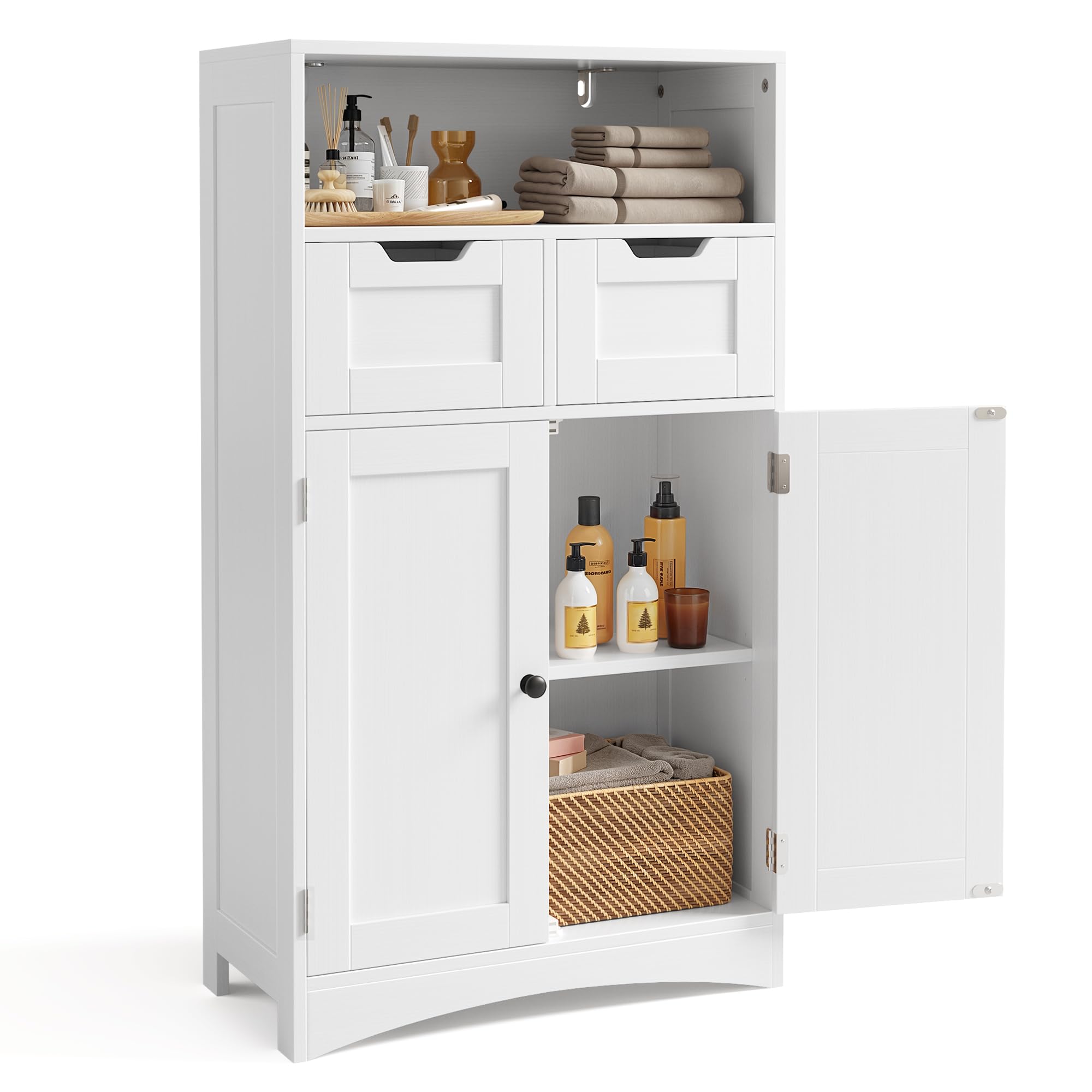 A white Bealife bathroom storage cabinet with two upper drawers and a lower cabinet with double doors, filled with various bathroom essentials.