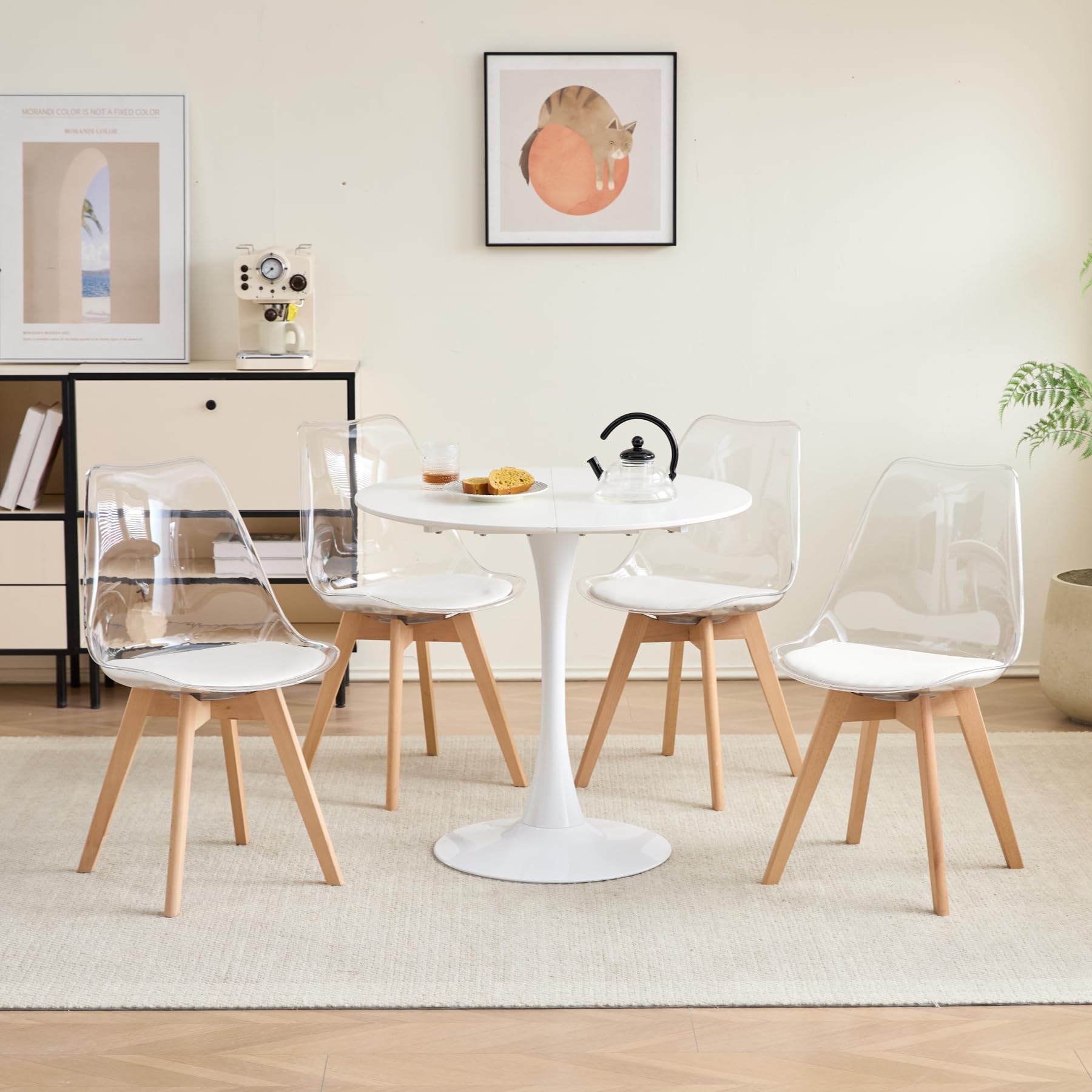 GrandCA HOME Transparente Sillas de Comedor Tapizadas en Tela,Nordicas Sillas Pack 4 para Cocina Comedor Dormitorio (Pack 4, Blanco/Cuero)