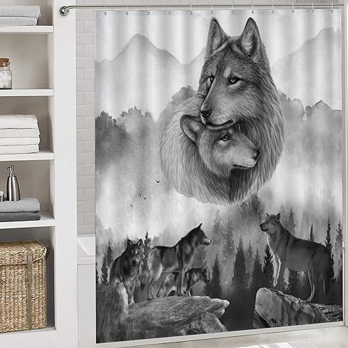Miniatura 5 de Juego de cortinas de ducha para baño, diseño de lobo y vida silvestre, diseño de lobo brumoso, 3D, antideslizante, impermeable, tapete para inodoro,