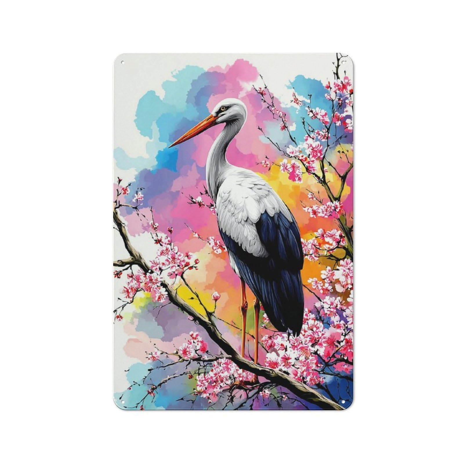 Junmoney Stork Amidst Cherry Blossoms -2 Simple Retro Metal Wall Plaque 30X20cm, Creative Space Decor For Office, Study, Studio Or Hallway