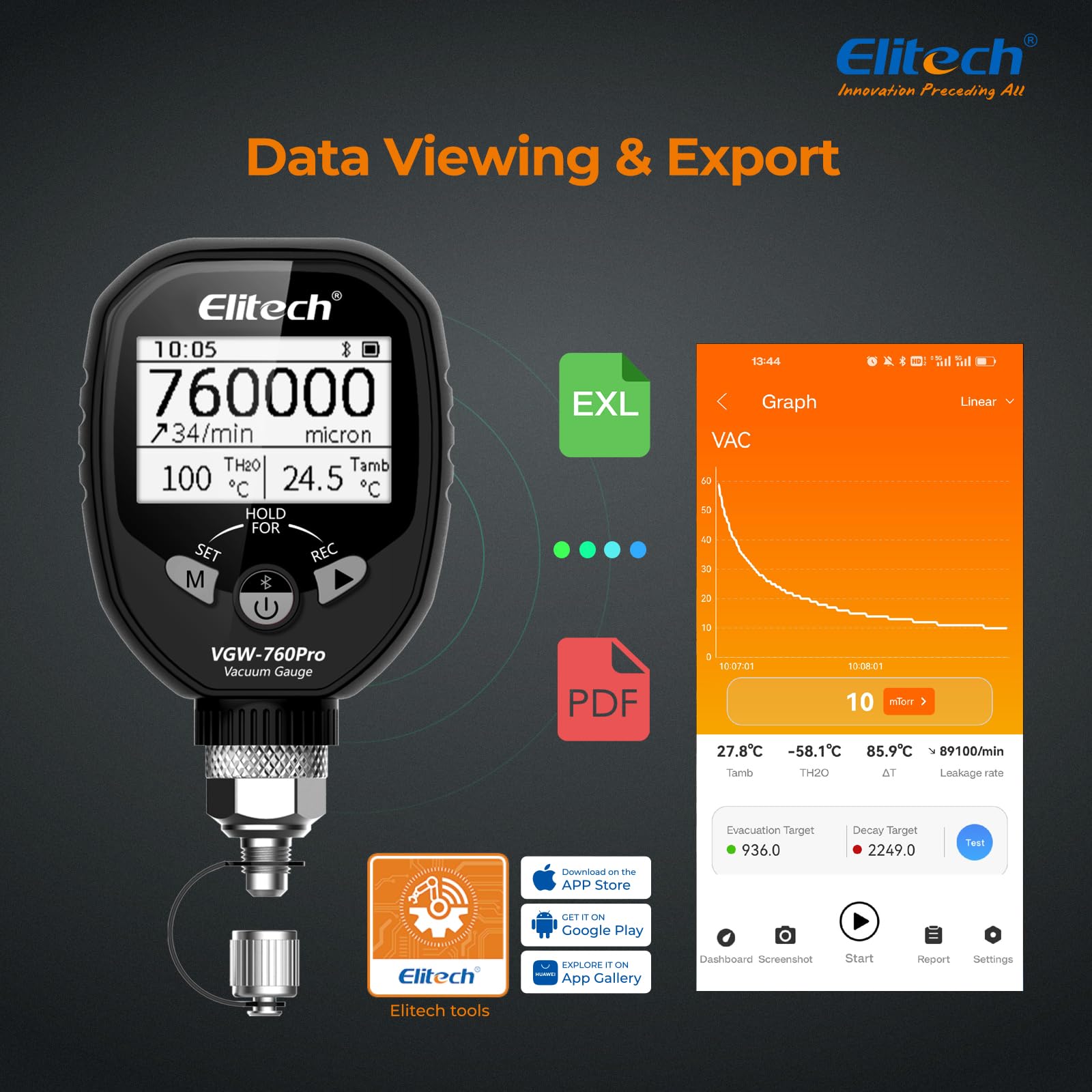 Elitech VGW-760Pro HVAC Vacímetro conexión APP Actualización OTA Almacenamiento de Datos fuera de Línea Indicador Gráfico de Valor de Vacío