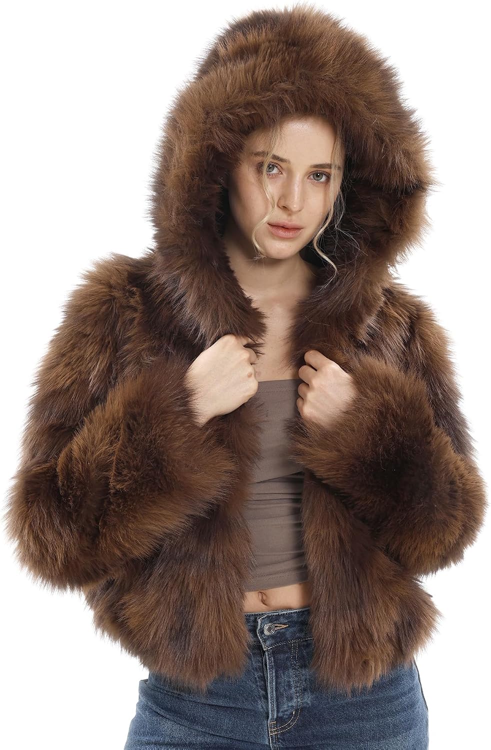 Amazhiyu Women's Faux Fur Long Sleeve Open-Front Hooded Coat Winter Crop Jacket