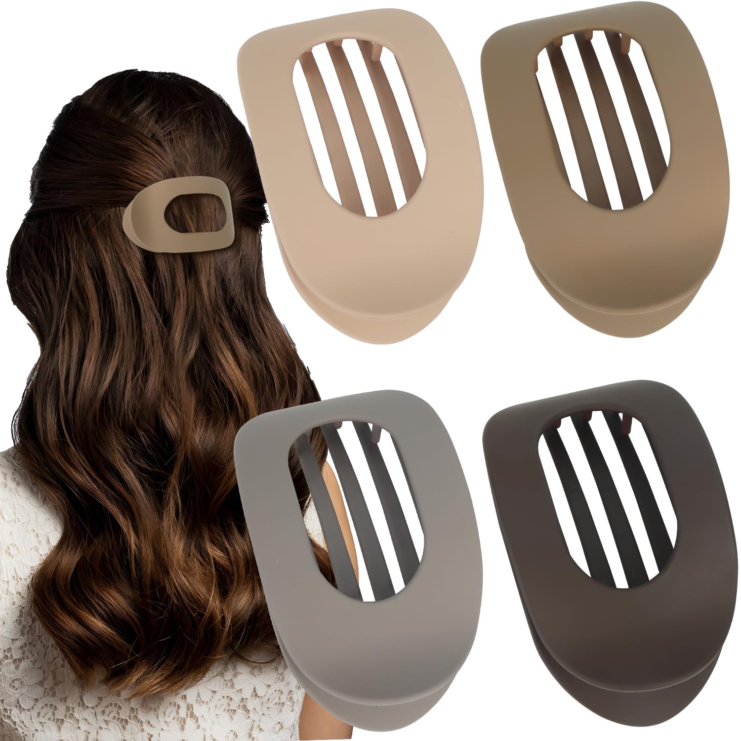 OWill 4 Stück Braun Matt Haarklammern für Damen,Flache Haarspangen,Haarspangen Damen Dünnes Haar,Haarklammer Gebogenes Design,Flat Claw Clip für Dünnes Haar und Dickes Haar