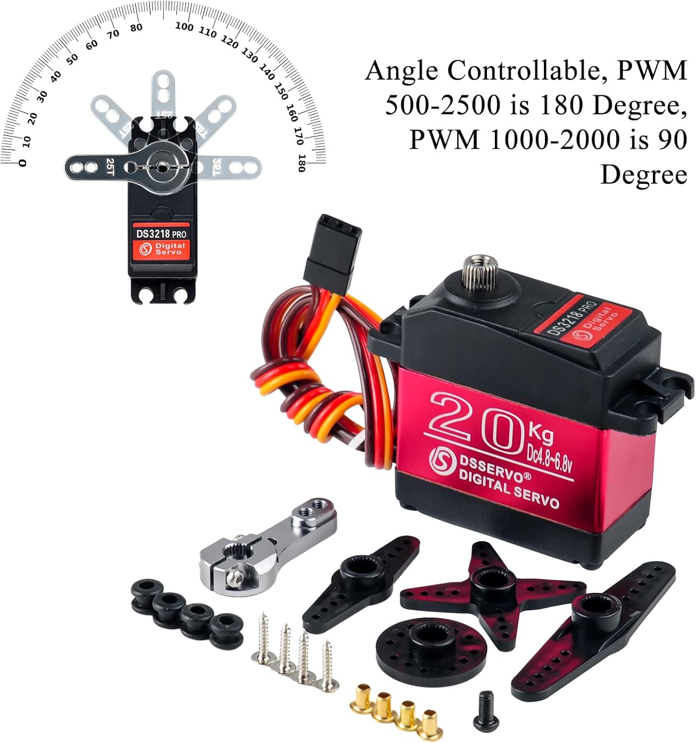 4Pcs DS3218 20KG Waterproof Digital Servo with 25T Servo Arm,High Torque Full Metal Gear RC Steering Servo for 1:8 1:10 1:12 RC Toys Model TRX 4 Crawler Truck Mechanical Arm (Control Angel 180°)
