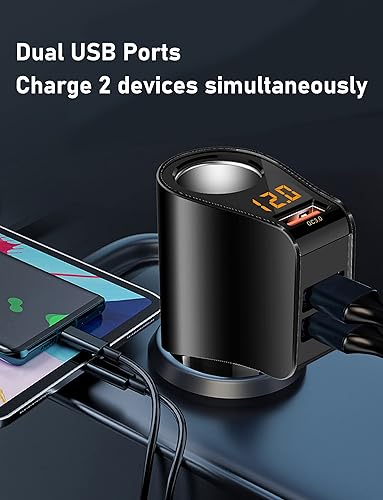 Vista 3 de LIHAN Cargador de coche con 3 USB, salida QC3.0, adaptador para encendedor de cigarrillos, enchufe de salida de 12 V/24 V, medidor de voltaje