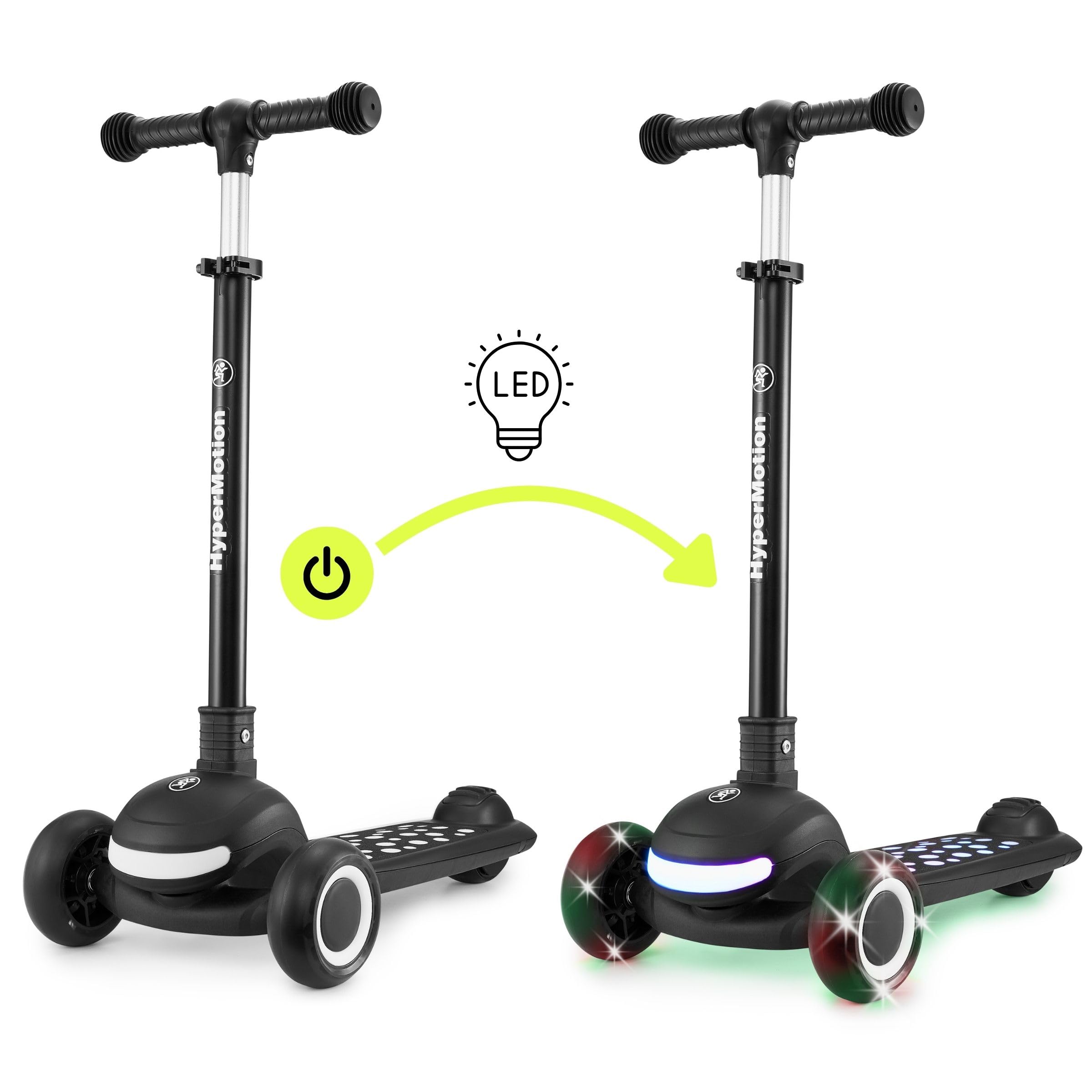 HyperMotion Patinete infantil con iluminación LED LUMI 3 en 1, asiento ajustable en altura, plegable, ruedas de poliuretano, manillar en T de hasta 50 kg, para niños a partir de 1 año