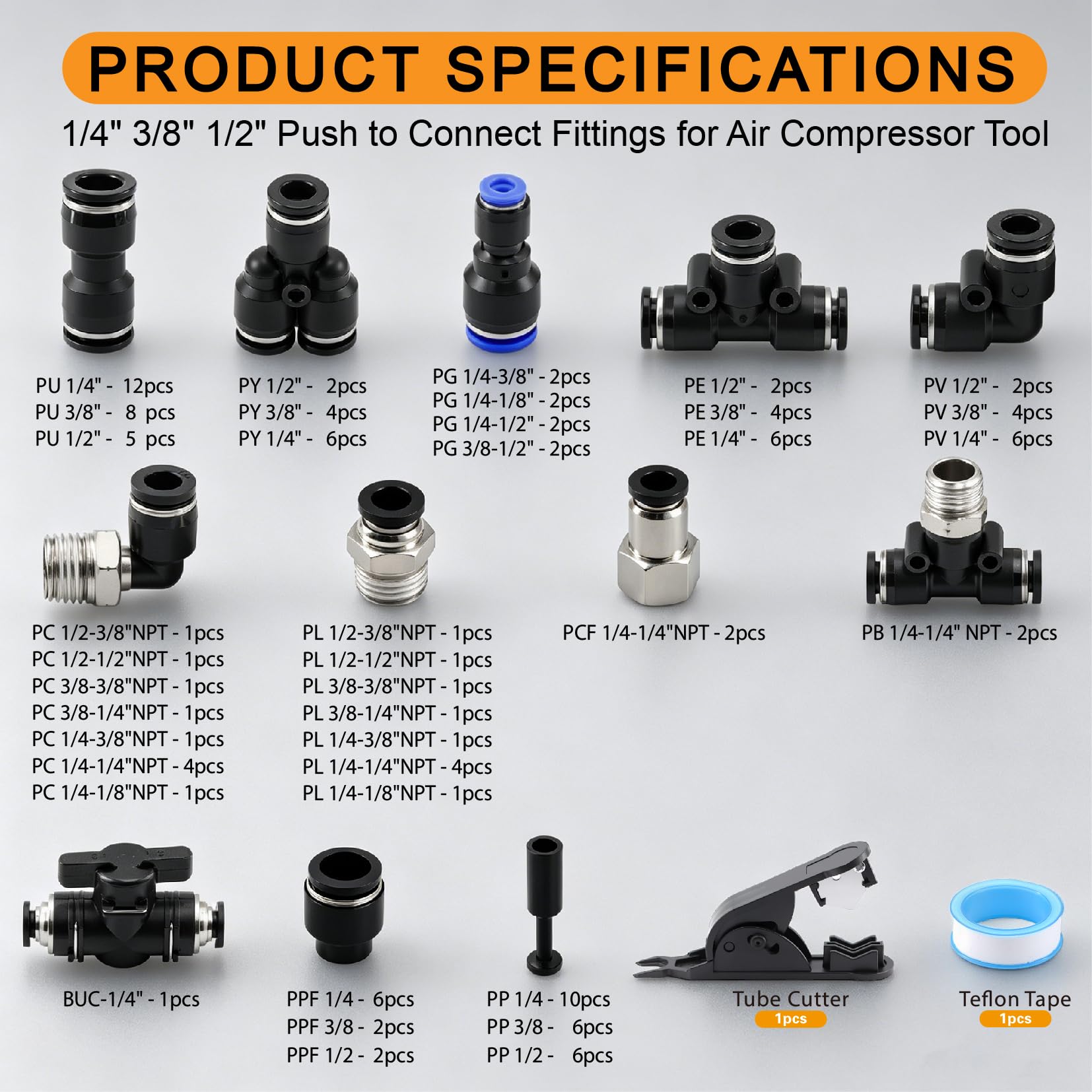 Kit di raccordi a pressione da 130 pezzi, 0,6 cm, 1 cm, 1,3 cm, NPT +