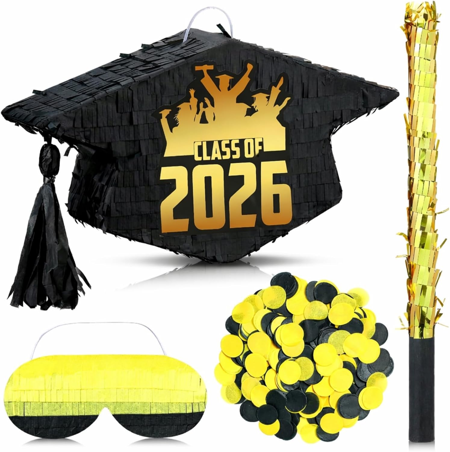 HyDren 16 Inch Graduation Piñata 2026 Class of 2026 Graduation Cap Piñata with Blindfold Bat and Confetti for College Middle School Elementary Congrats Grad(black gold,Fashion Style)