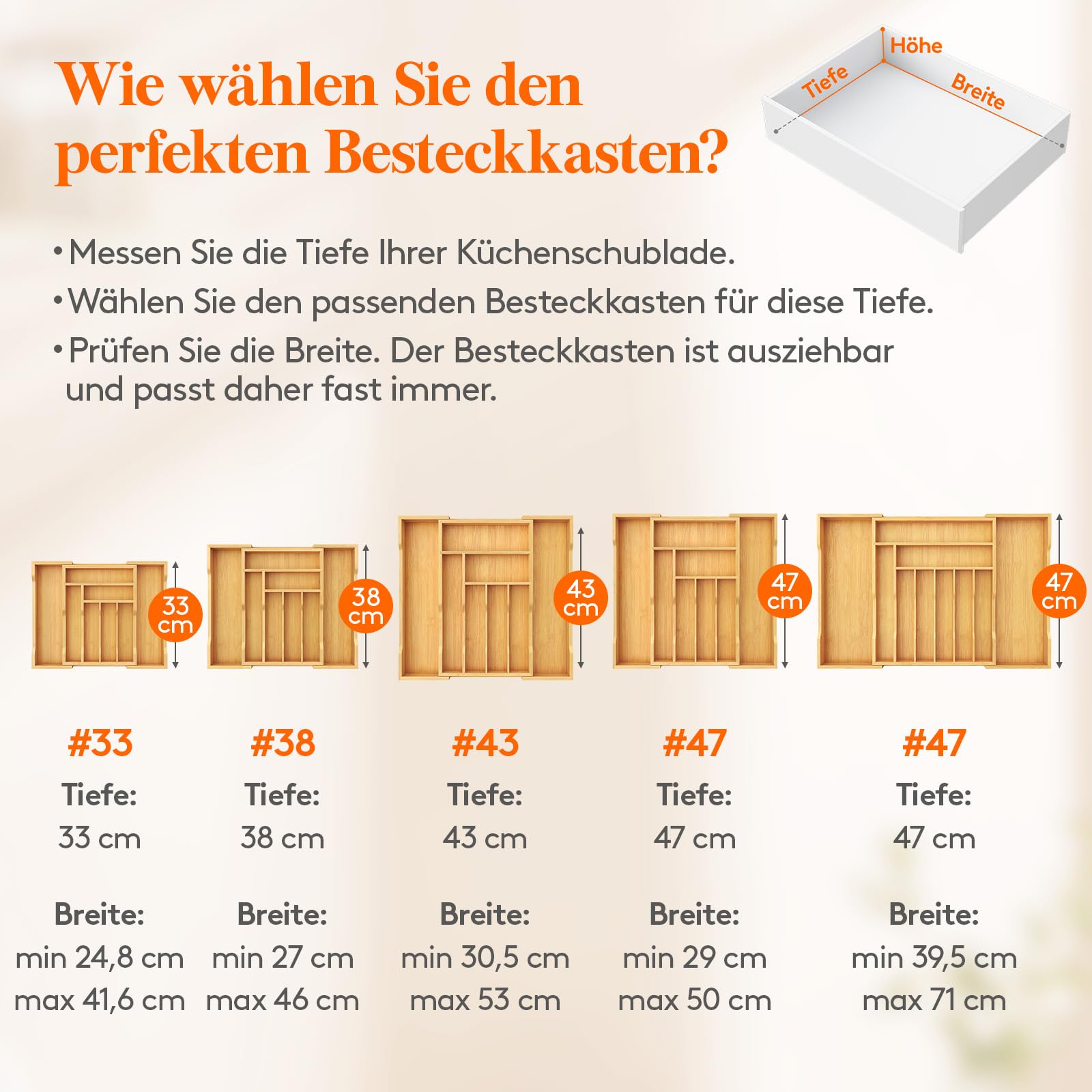 Lifewit Besteckkasten für Schubladen, Tiefe 47 cm, Ausziehbarer Besteckeinsatz Breite bis zu 50 cm, Küchenschubladeneinsatz Schubladen Organizer, Bambus Besteckhalter für Löffel/Gabeln/Messer