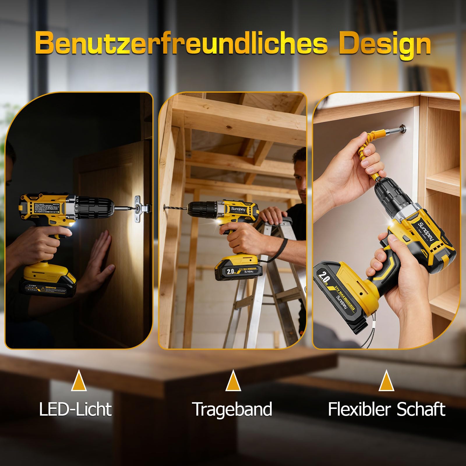 Destornillador inalámbrico con batería de 2000 mAh, 21 V, 45 Nm, taladro inalámbrico con 2 marchas, 25 + 1 niveles de par de giro, portabrocas de 10 mm, luz LED para reparación y bricolaje