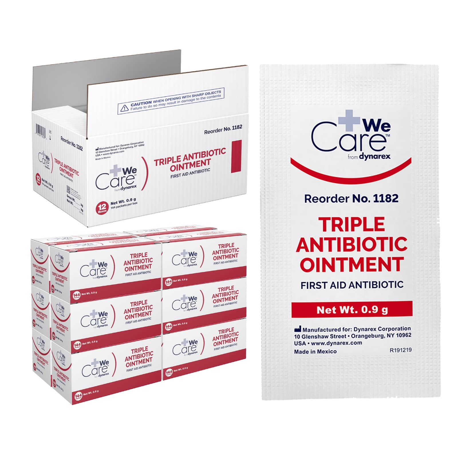 Dynarex Triple Antibiotic Ointment, Used for Minor Wounds Such as Cuts, Scrapes and Burns, Single-Use First Aid Ointment 0.9g Foil Packets, 1 Case - 12 Boxes of 144 Packets