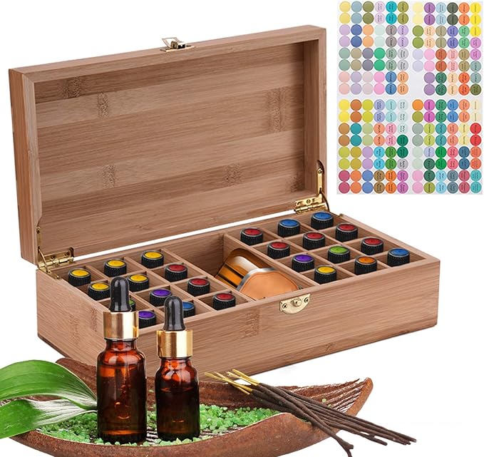 VolksRose Essential Oil Box Organizer, Premium Multi-Tray Essential Oils Storage Container Holds 25 Bottles, Natural Bamboo Aromatherapy Holder Carrying Case (5mL - 20mL)&100ml