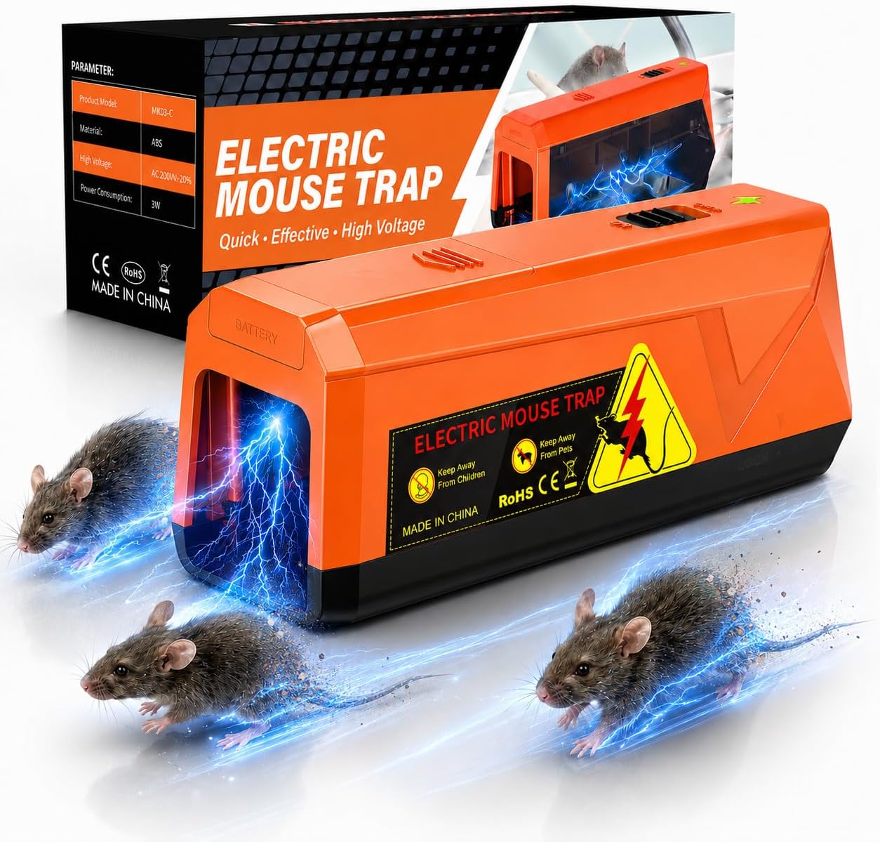 Piege a Rat Electrique, VoltGuard Piège à Souris 2800V Tension puissante, Piège à Rat pour Cuisine Maison Grenier-Efficace sur Grand&Petit Souris (Orange) - Amazon product rated Grade A