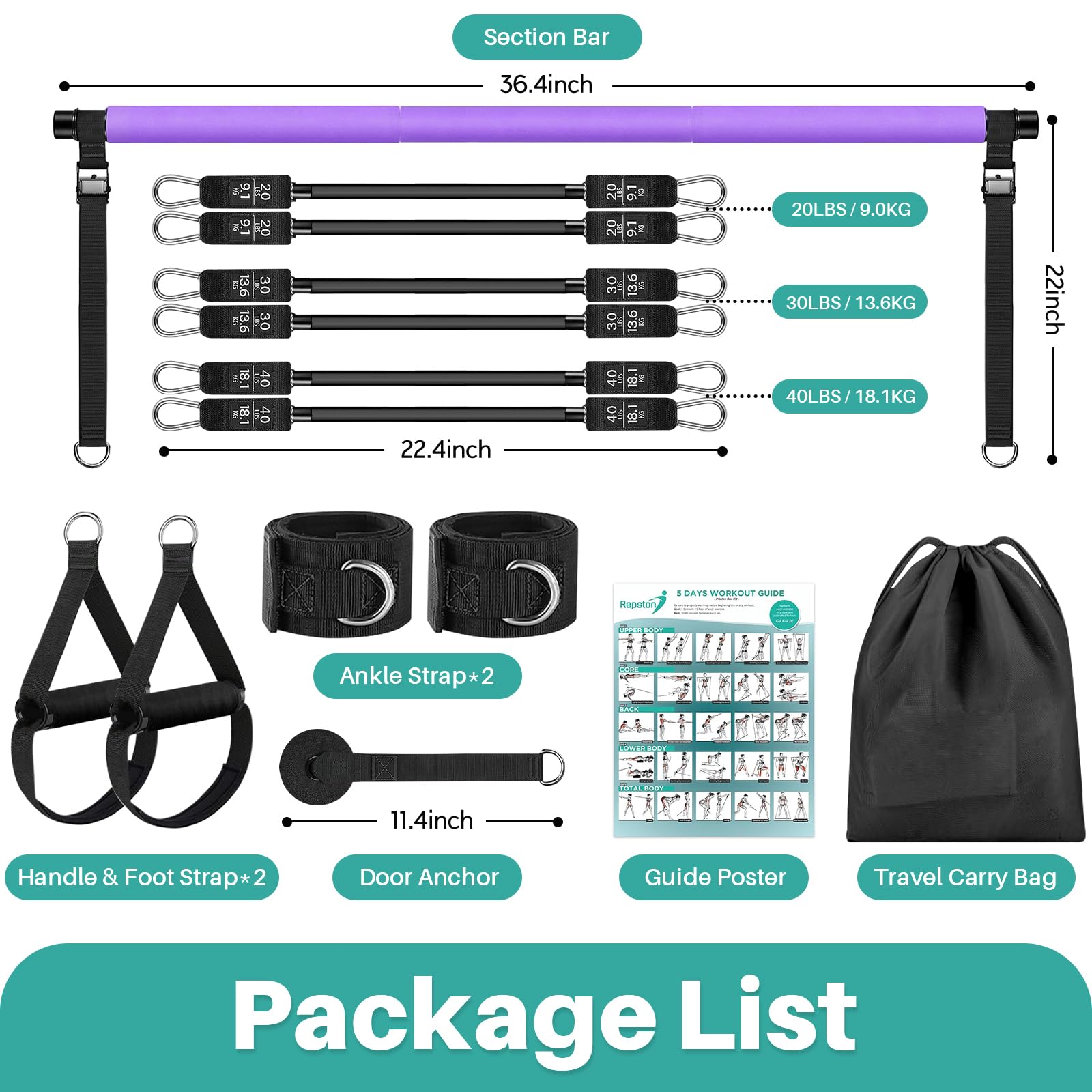 WenYa Pilates Bar Set with Resistance Bands for Women, 180lbs Latex Fitness Workout Bands with Anklets and Door Grip for Women Home Gym Pilates Yoga