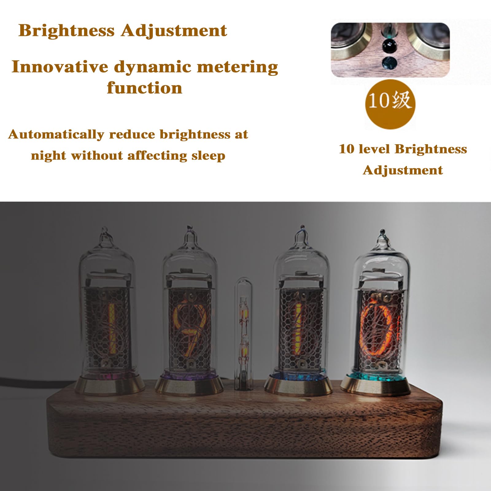 IN-14 Nixie-Röhrenuhr, 4-Bit-Vakuumröhrenuhr, 10-stufige Helligkeitseinstellung, 12/24-Stunden-Anzeige, Massivholzsockel, EIN Retro-Geschenk Zur Dekoration Ihres Schreibtisches