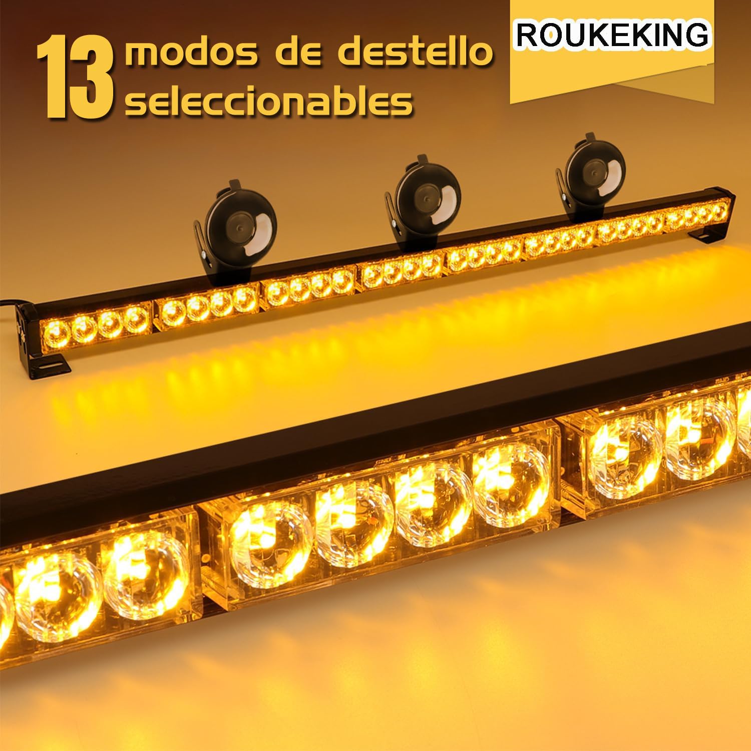Barra Luz Emergencia 35,5 Pulgadas 32 LED Ámbar 12V 13 Modos Stroboscópica Luz Advertencia Vehículo Asesor Tráfico IP65 Encendedor Coche Camión