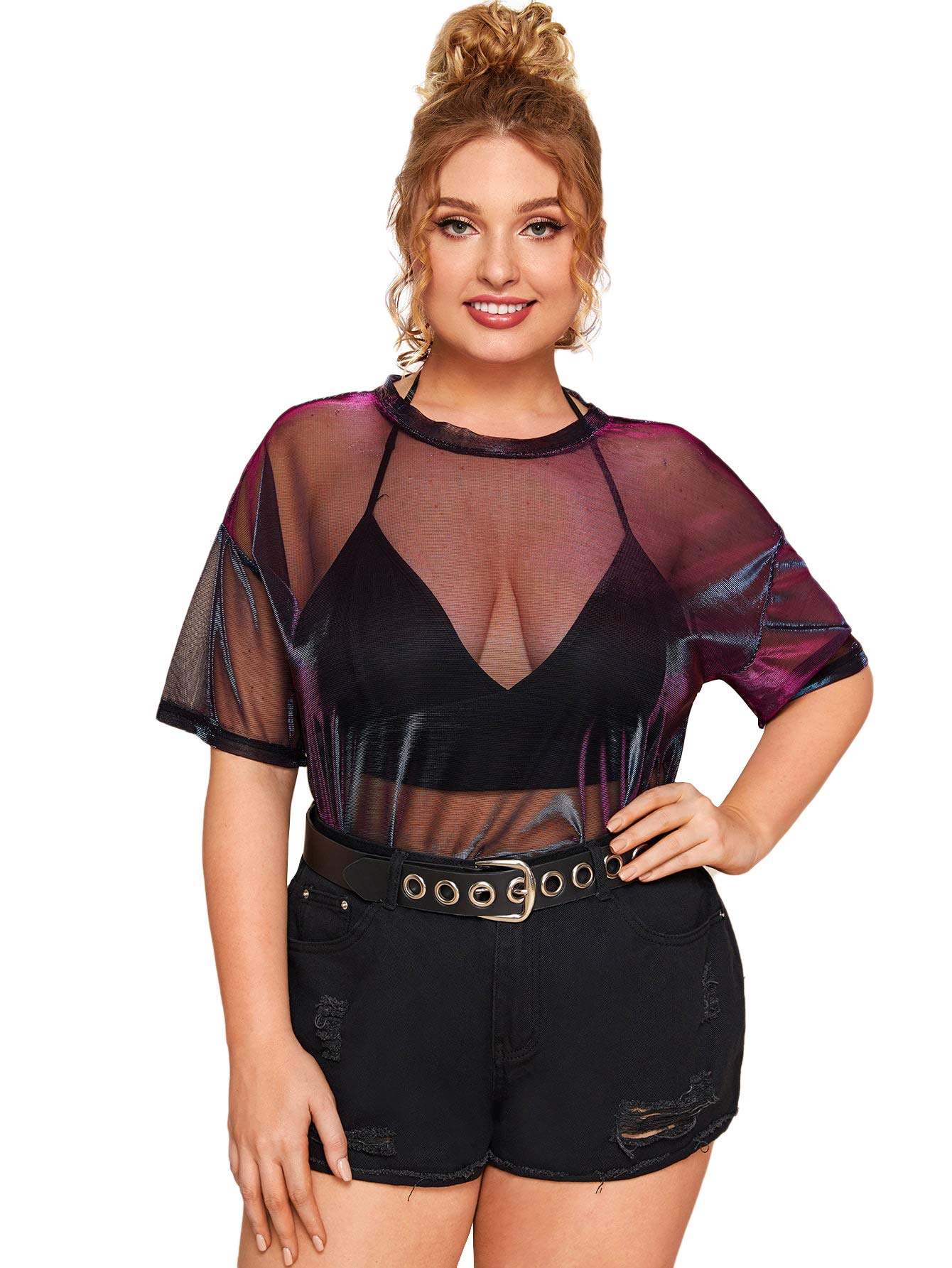 FloernsWomen's Plus Size Short Sleeve Sheer Mesh Tops T Shirt Blouse