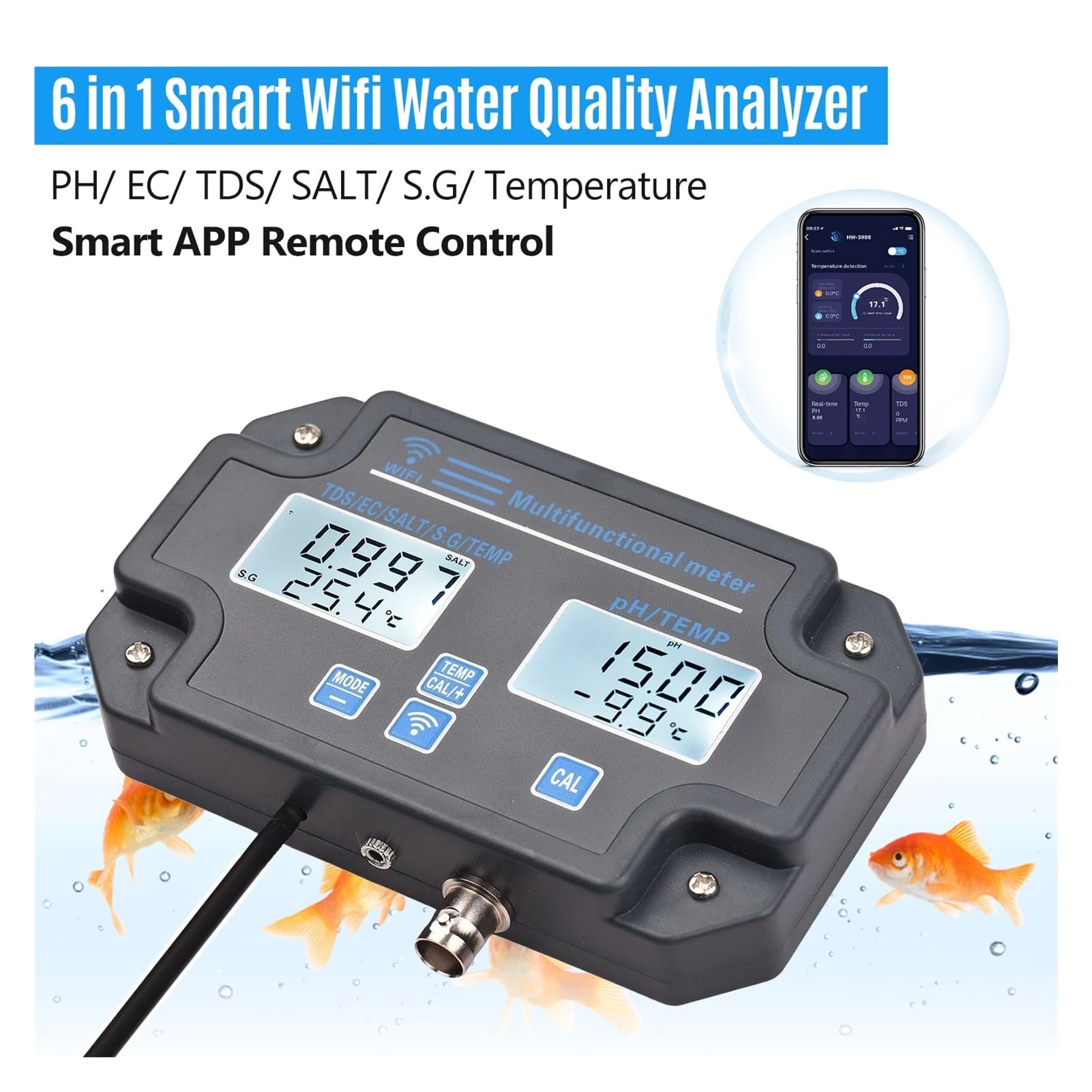 Detector De Calidad Del Agua 6 En 1, WIFI, PH/EC/TDS/SALT/SG/medidor Prueba Temperatura, Alarma Remota, Analizador Digital Amplio Rango NuméRico