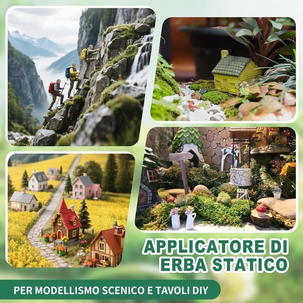 Applicatore di erba statica, strumento elettrostatico per floccaggio con spazzola e 6 tubi per erba per fai da te prato in miniatura scena, modellismo, architettura, paesaggi