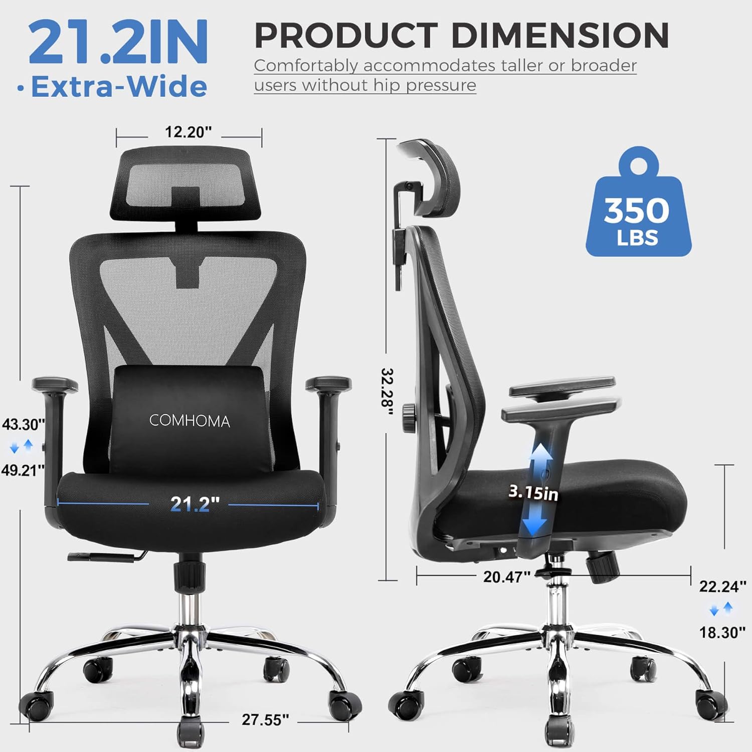 COMHOMA Ergonomic Office Chair Big and Tall Gaming Chair with Footrest, 3D Adaptive Lumbar Support & Headrest, High Back Rolling Computer Chair with Wide Seat, Breathable Mesh, ErgoFlex-F26, Black