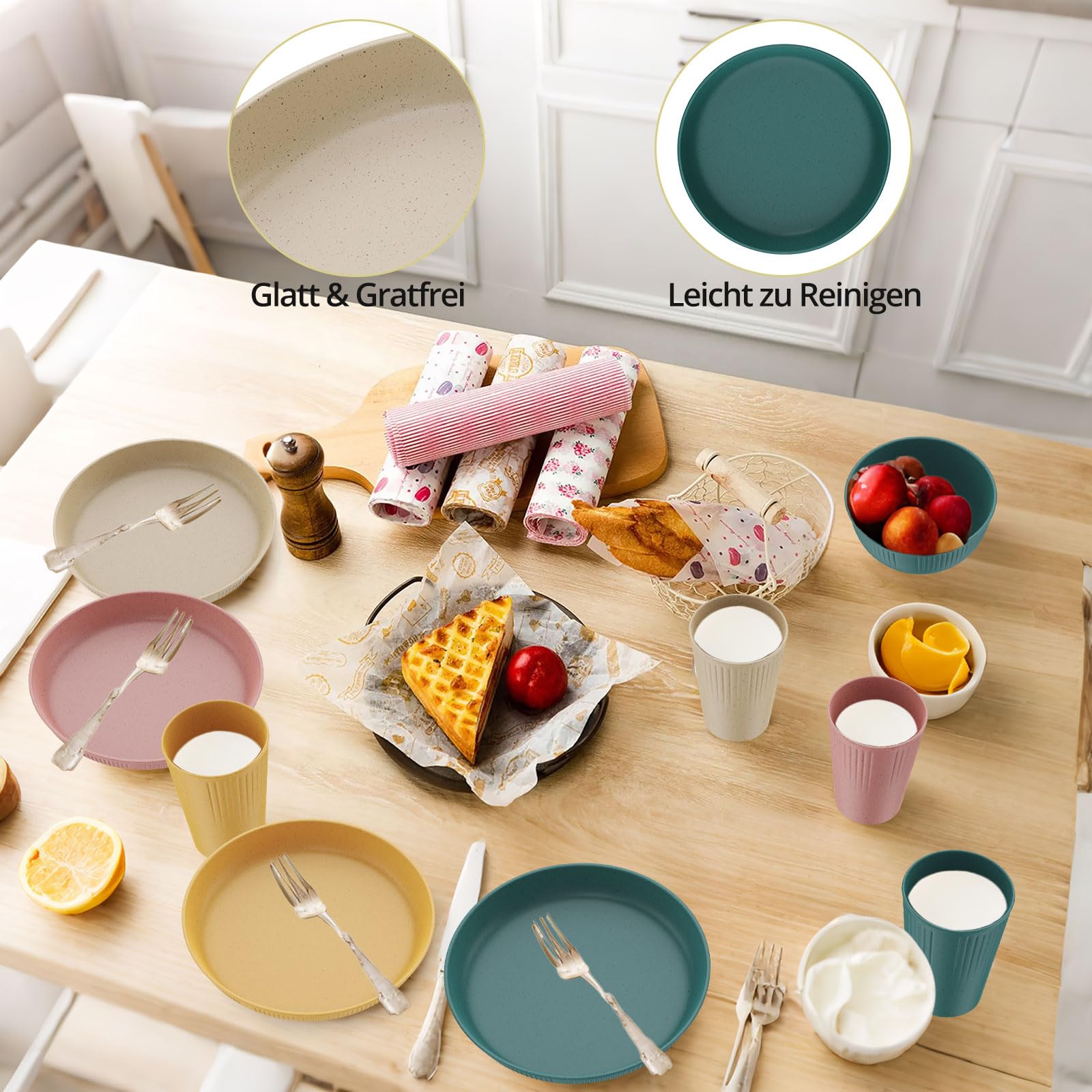 Anbte 12 Teiliges Geschirrsets Unzerbrechlich aus Kunststoff für 4 Personen Camping Geschirr Set 4-Farben Leichtes Küchengeschirr Set ideal für Picknick Camping Garten Wiederverwendbar (Bunt Gelb)