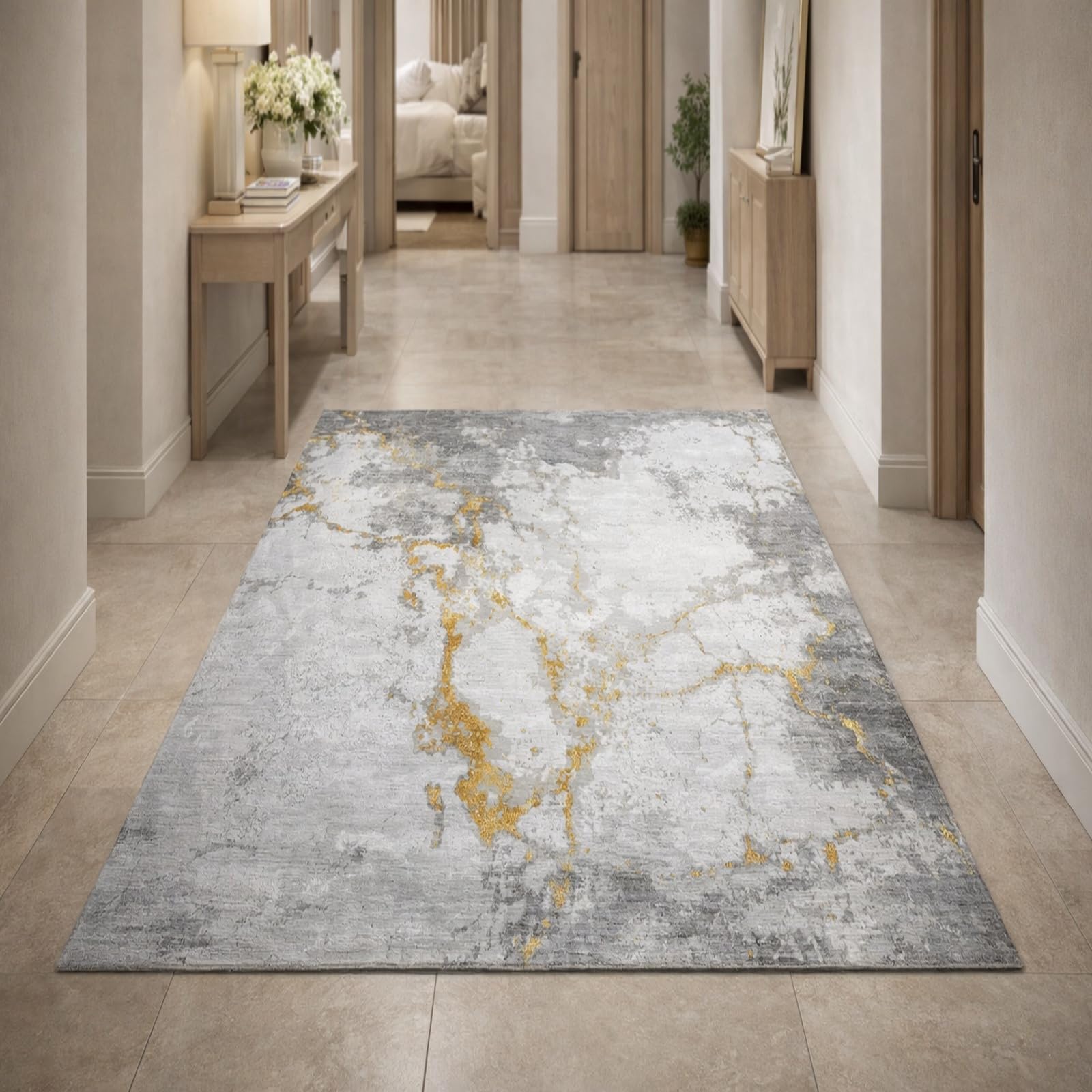 Tapis de salon abstrait moderne gris jaune et blanc 160x230 cm