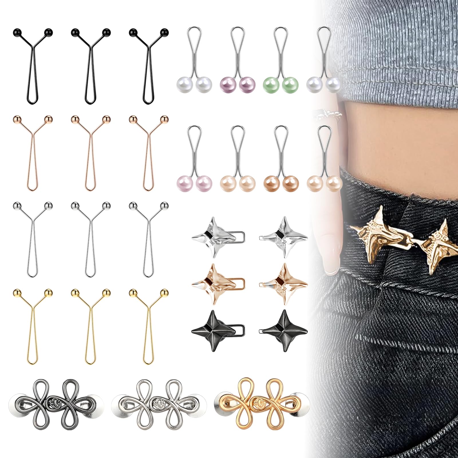 GMHLLES 26 PCS Waist Tightener Clips, Multiple Styles Waist Cincher Clip, Reusable Adjustable Waistband Tightener, No Need to Sew for Jeans, Dresses, Shirts