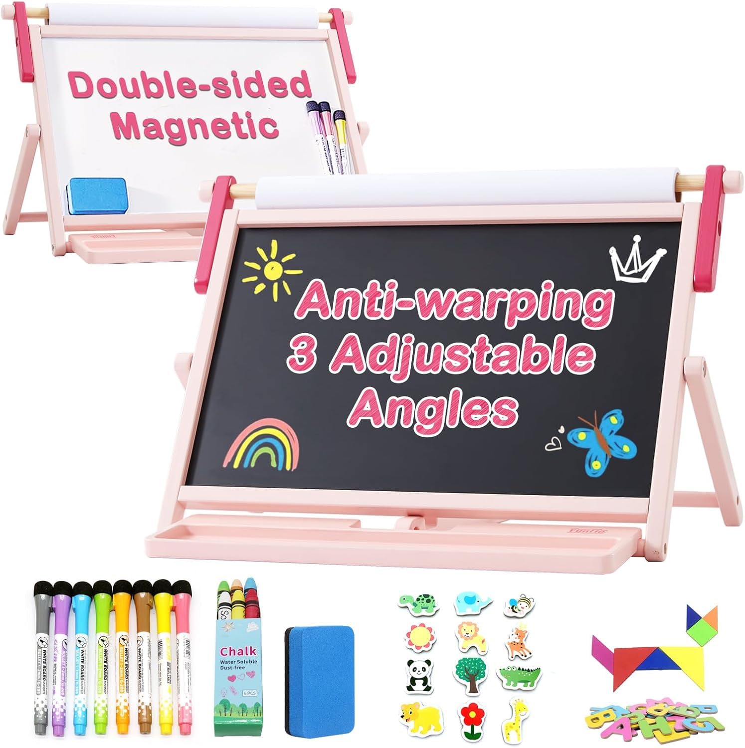 FUNLIO 3-in-1 Holz-Tischstaffelei für Kinder ab 3 Jahren (100+ Zubehör), Doppelseitige Magnet-Kindertafel, 3 Verstellbare Winkel, Mit Tafel, Whiteboard & Papierrolle, Faltbar - Rosa