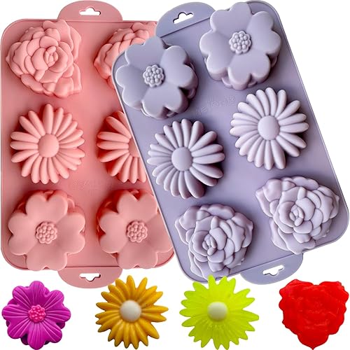 Paquete de 2 moldes de silicona para tartas de flores para hornear, 6 cavidades 3D de margaritas 3D, moldes de chocolate rosa para hacer mousse,