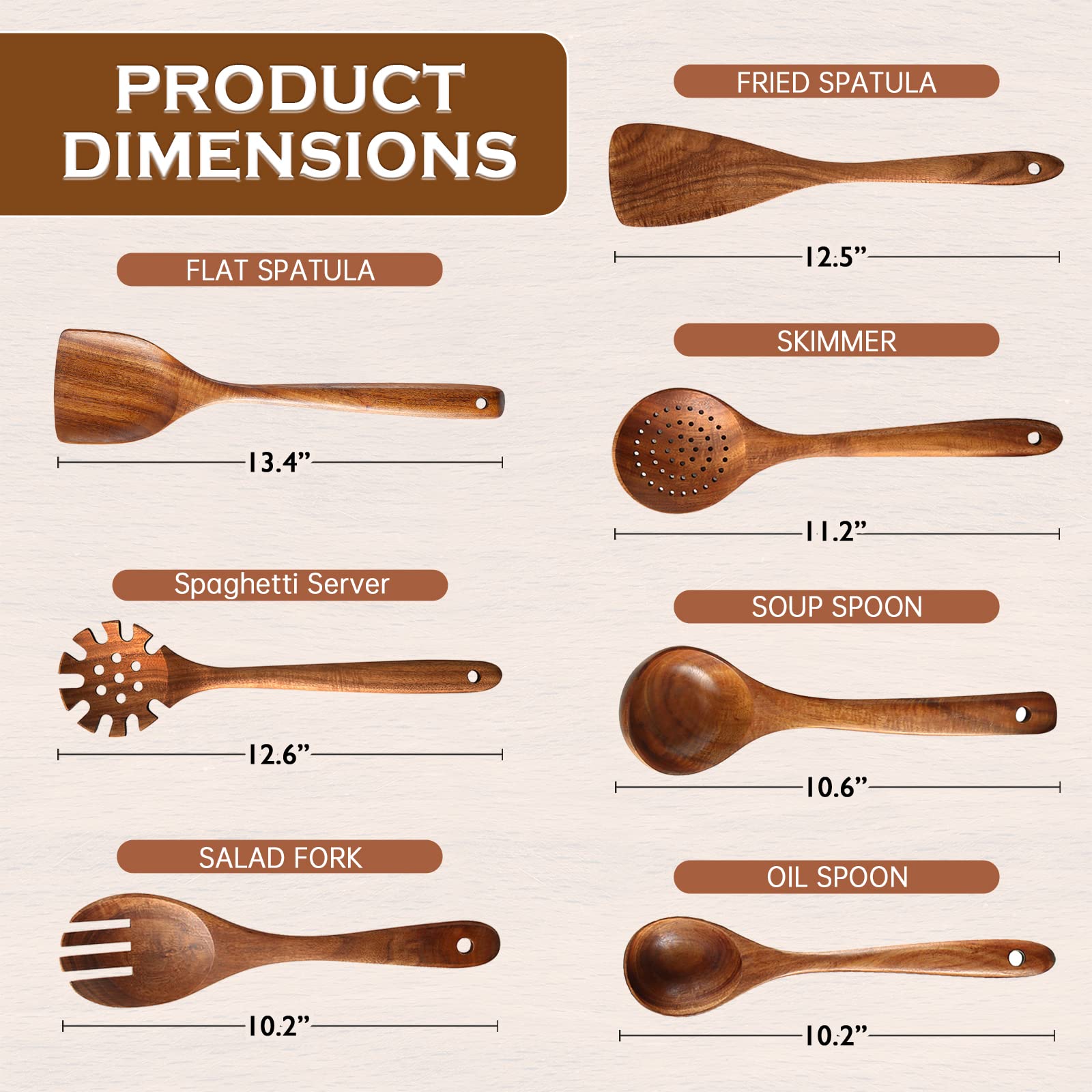 Cucharas de madera para cocinar, juego de 7 utensilios de madera de teca, cuchara de espátula de madera resistente al calor para cocinar, agarre cómodo, utensilios de cocina de madera antiadherentes
