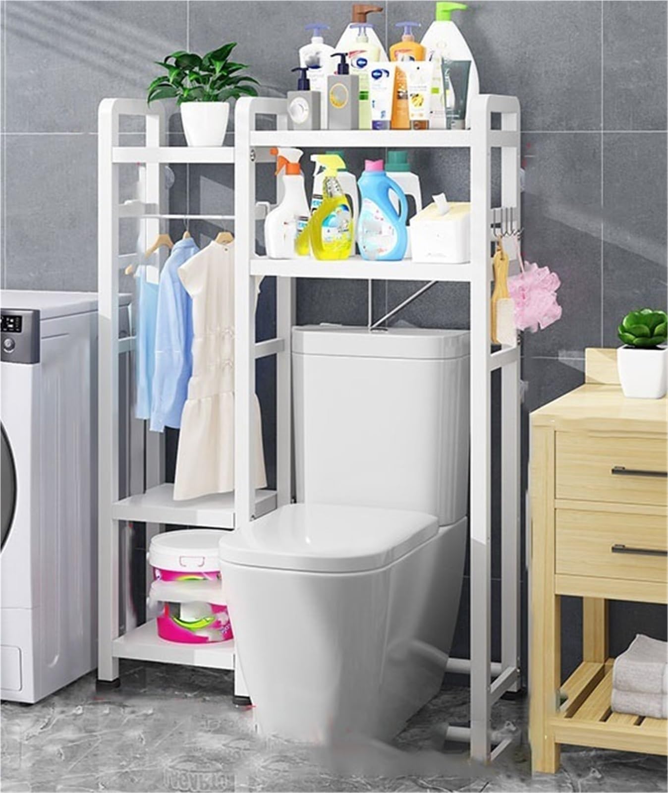 Scaffale autoportante sopra il WC, regolabile, a 2 strati, salvaspazio, per bagno, cucina, lavanderia, multiuso, colore: bianco