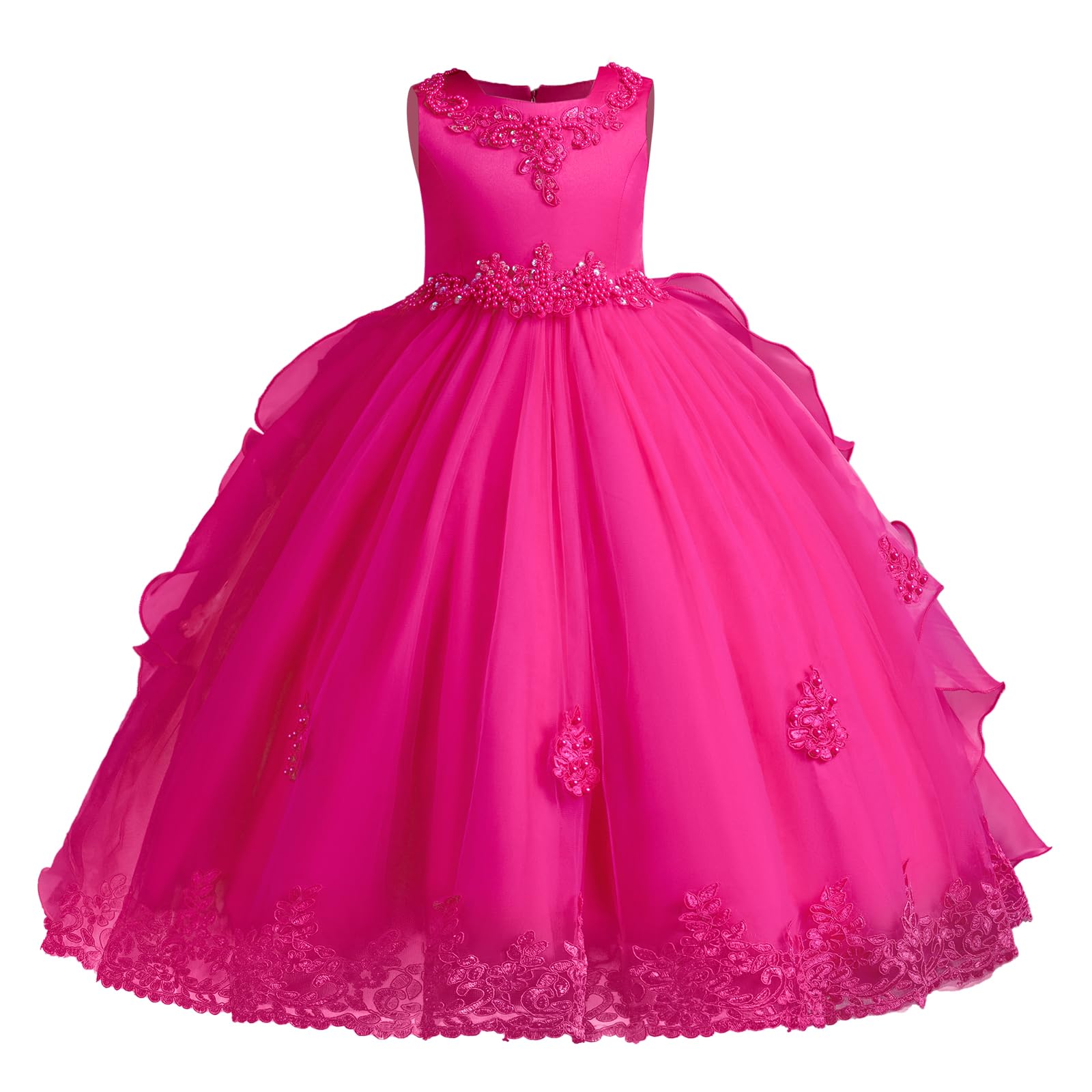 Vestito da principessa in tulle a forma di fiore, per damigella d'onore, comunione, festa di compleanno, concorso, maxi abito da ballo per bambini