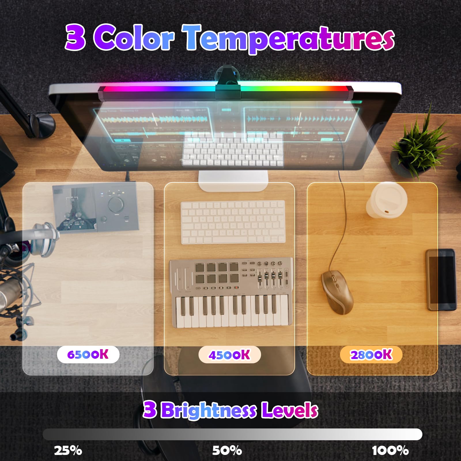 LED Lampe de Bureau 40CM PC USB RGB Light Bar, Lumière de Couleurs Températures Soins Oculaires 3 Modes pour Gaming Office