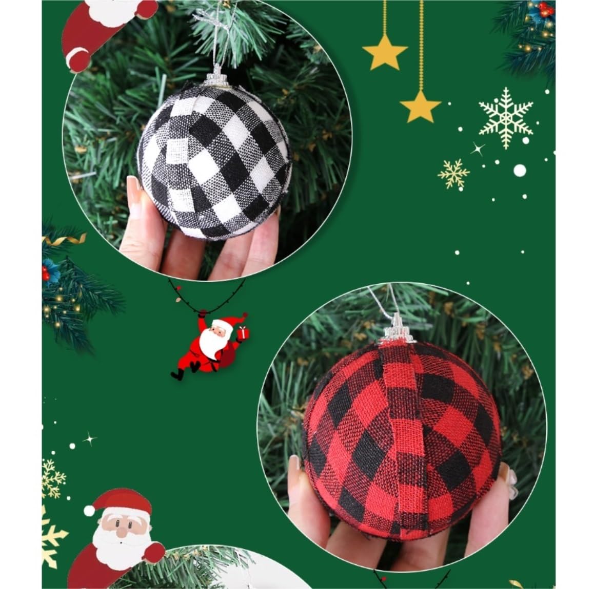 Palline di Natale 24 Ornamenti Natalizi con Palline da Appendere, Set di Natale Scozzesi, All'albero, per La Decorazione della Festa Decorazioni(Black+Red)