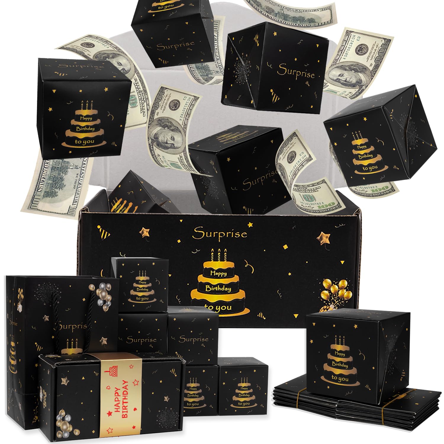 Happy Birthday Surprise Explosion for Money - Pop Up Exploding Box- Bouncing Gift Bag for Kids Boys Men Dad Husband (Black Gold,12 Bounce Boxes)