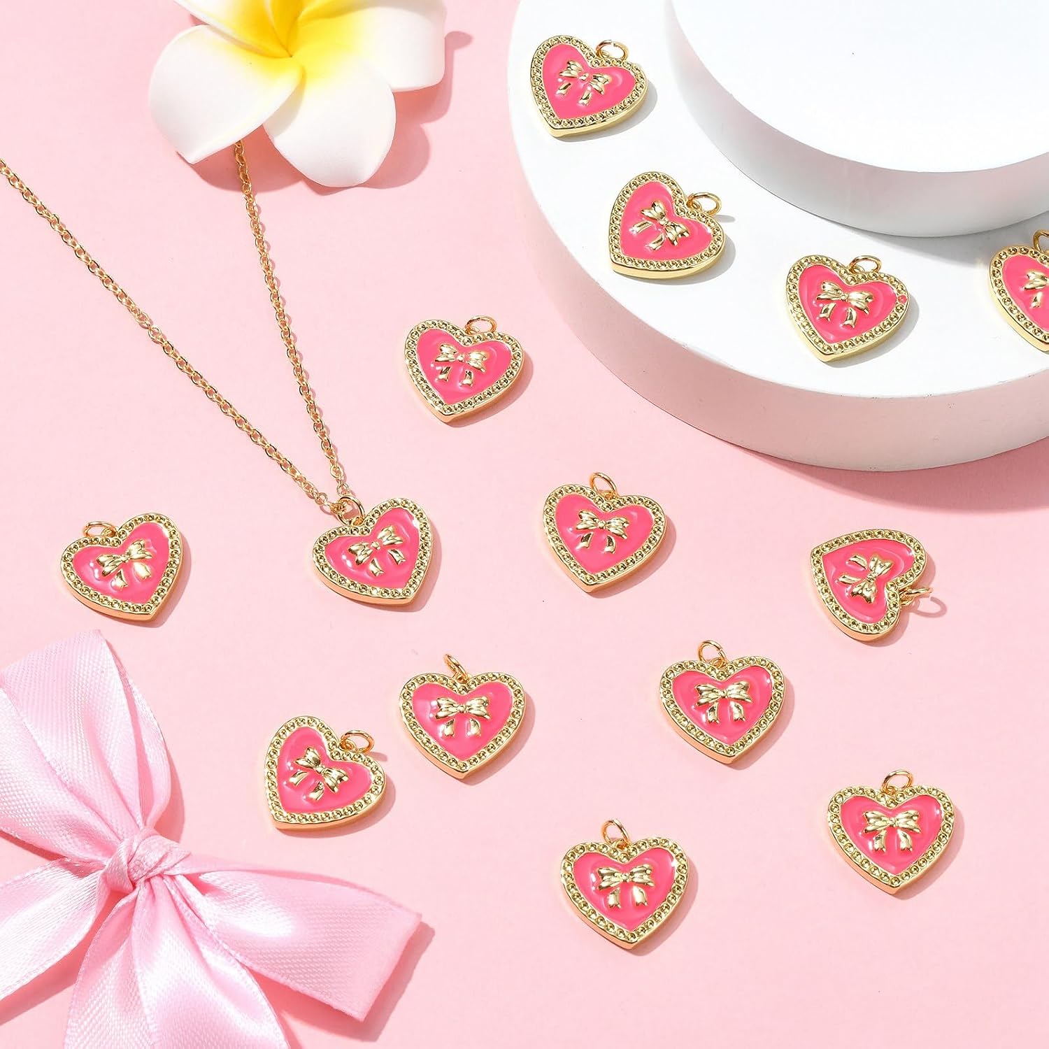 LiQunSweet 10 pcs Pink Heart Enamel Brass Charms Bowknot Valentines Day Love Charms for DIY Jewelry Bracelet Necklace Earring Craft Keychain Decorations