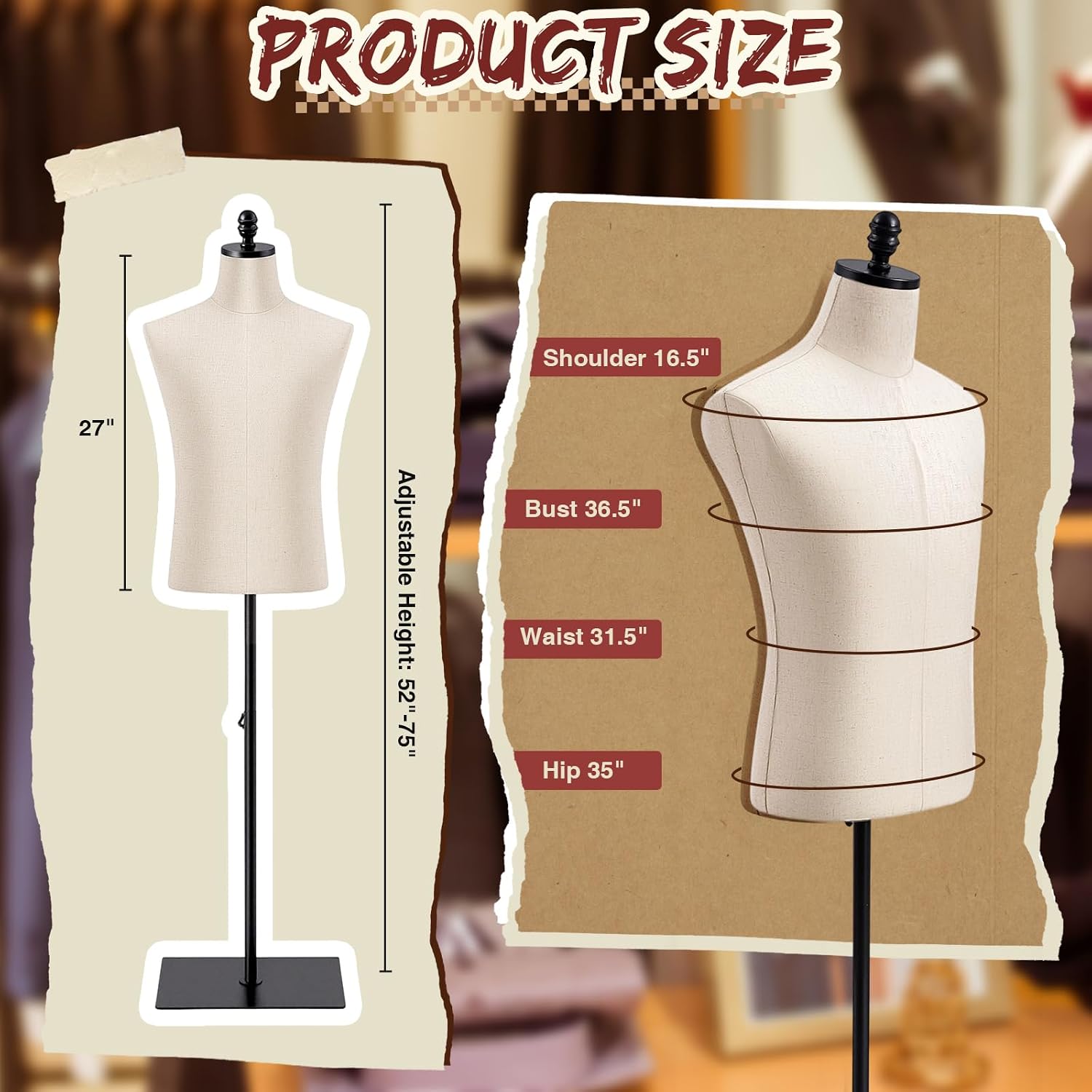 Leinuosen Male Mannequin Torso Body with Black Metal Stand 52"-75" Height Adjustable Male Dress Form Clothing Manikin Linen and Plastic Body for Store, Studio, Performance Clothes Display and Sewing