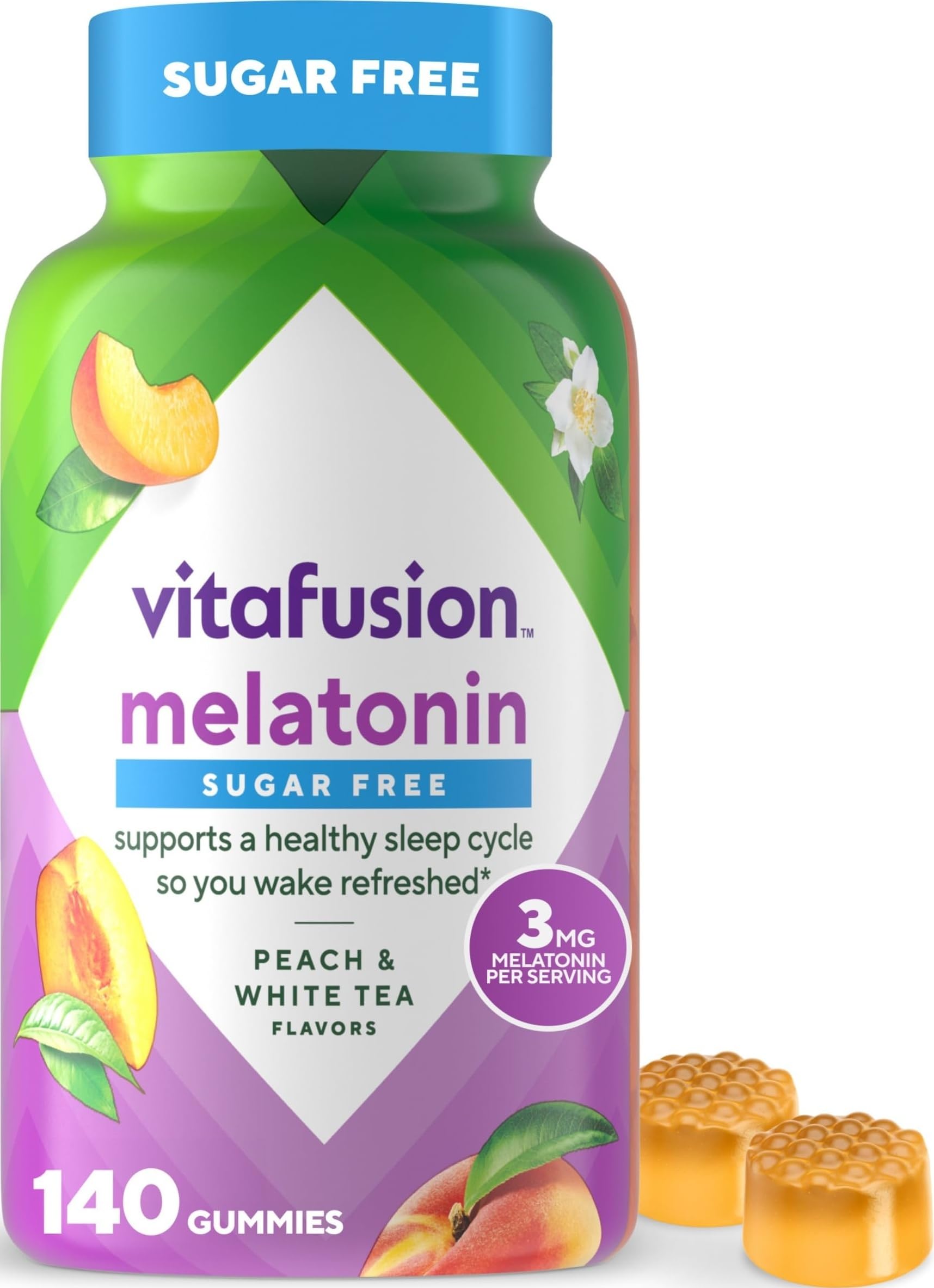 Vitafusion Melatonin Gummies Sugar Free | 3mg Per 2 Gummies | 140 Count | Yummy Peach and White Tea Flavor | Adult Gummy For