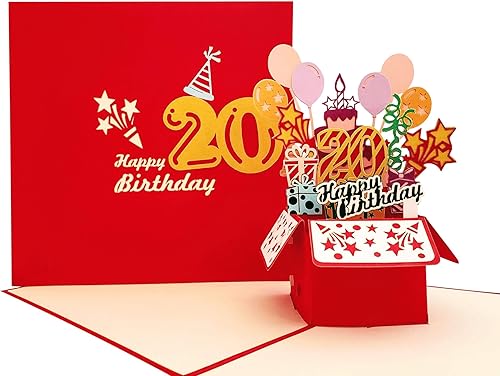 iGifts And Cards Tarjeta de felicitación emergente 3D con caja de fiesta de cumpleaños número 20 de 20 años, increíble, globos, regalos, único,
