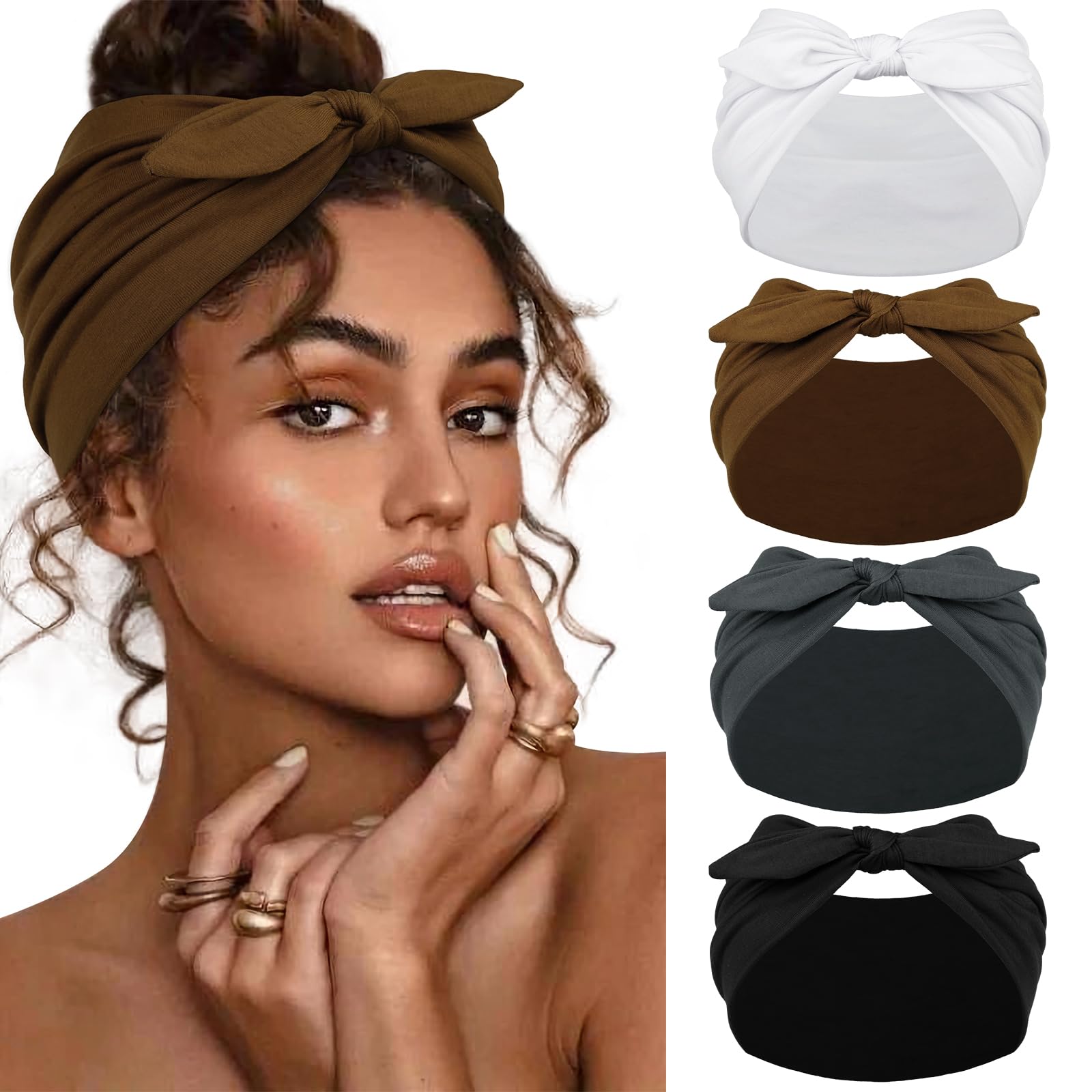 Huachi 4 Packs Bow Headbands for Women Girls, Wide Head Bands for Women's Hair Non Slip Soft Elastic Hair Bands, African Thick Workout Gym Turban