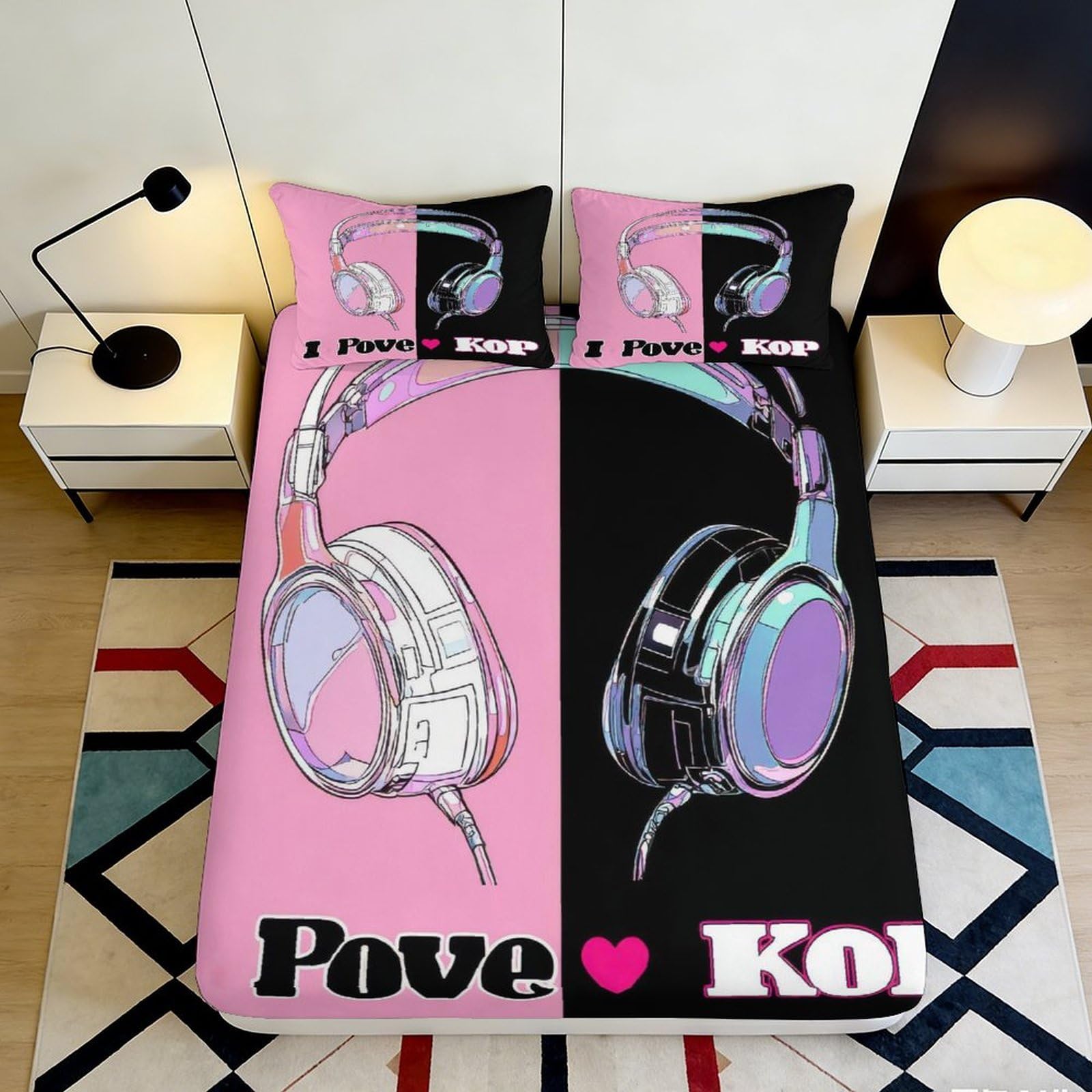 Uynsixtme Style-4 3D Printed Headphone Design Fitted Sheet Microfiber Deep Pocket Non-Slip Music Pattern Mattress Fitted Cover Washable 90X200x25cm