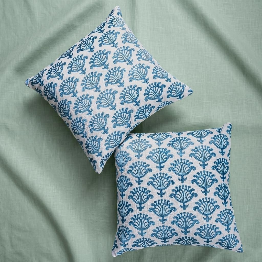 FINGERCRAFT Decorative Throw Pillow Cover Pack of 2 Soft Cotton Embroidered Cushion Cover, Couch Sofa Living Room Pillow Case 18 X 18 Inch Blue Blossom