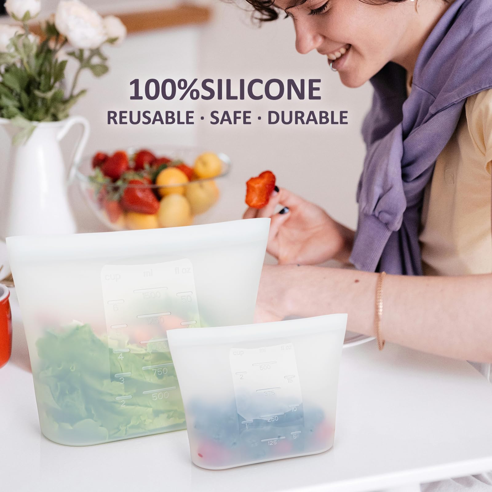 Confezione da 8 sacchetti riutilizzabili in silicone per alimenti, 100% silicone, con chiusura a cerniera, riutilizzabili, per alimenti, congelatore, microonde, lavastoviglie, traslucidi, 2XL (0,8