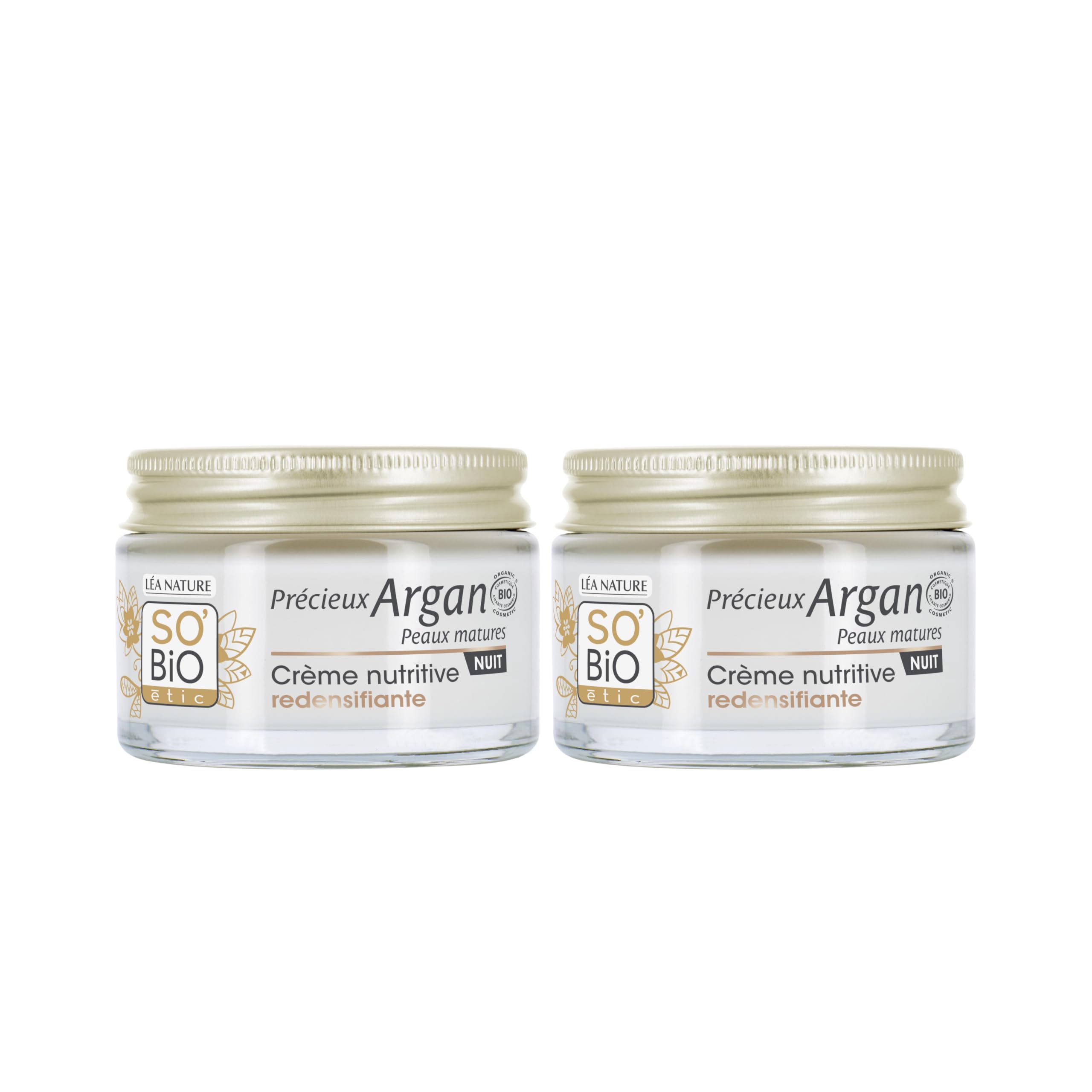 LÉA NATURE SO BiO étic| Crème Nutritive Redensifiante Nuit – Précieux Argan Peaux matures | Nourrit & Raffermit | Collagène végétal | 99% d'origine naturelle | Made in France| Lot de 2x50ml