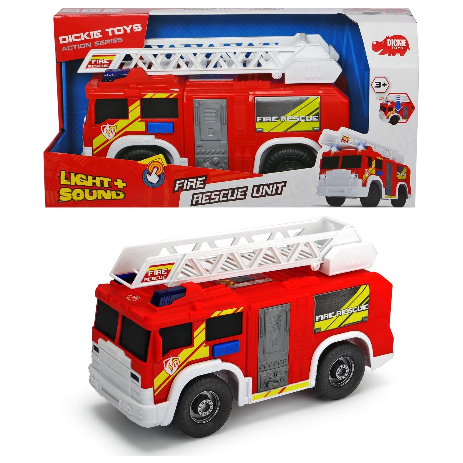 Dickie Toys Camión de Bomberos con Luz y Sonido, Escalera Móvil y Extensible, Pilas Incluidas, Apto para Niños y Niñas de 3 a 6 Años de Edad, 30 cm