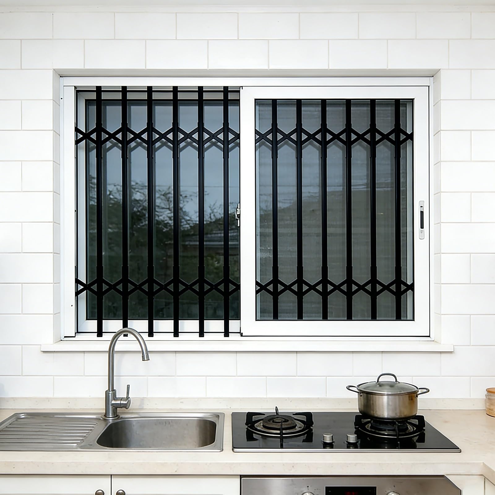 Household Folding Window Grilles with Adjustable Locking Bar Black 130x160CM/51.2x63IN Easy to Install, Made of Aluminum Alloy, Folding Design, Suitable for Homes, Patio Doors, and Apartments.